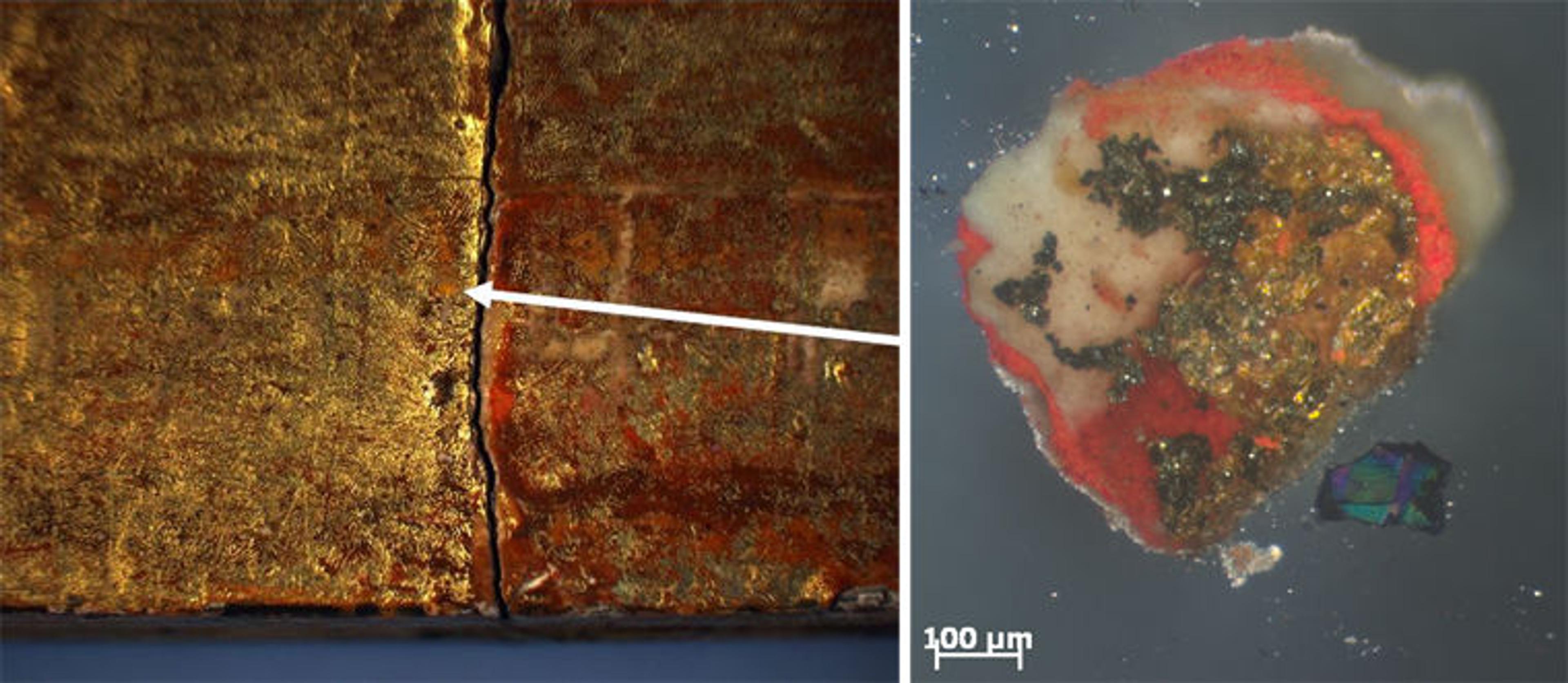 Left: Detail view of the frame for Jan van Eyck's "The Last Judgment." Right: Microscopic paint sample taken from the frame