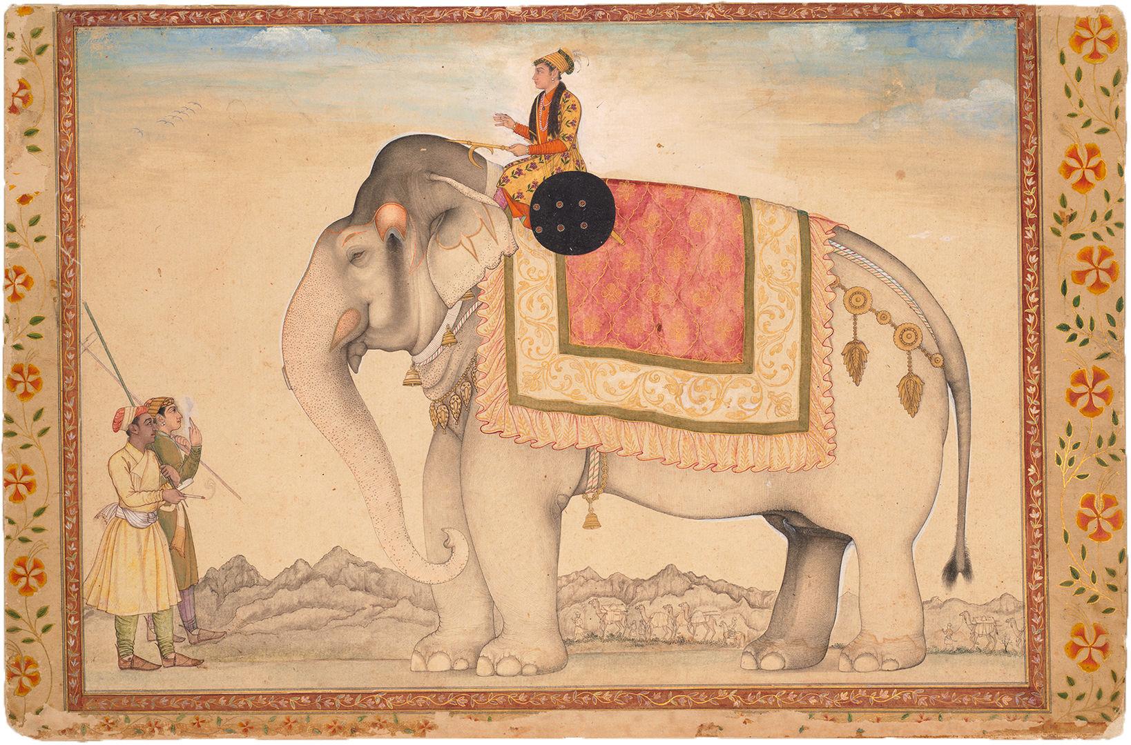 painting of an elephant in profile with a decorative cloth and a rider with two attendants to the left