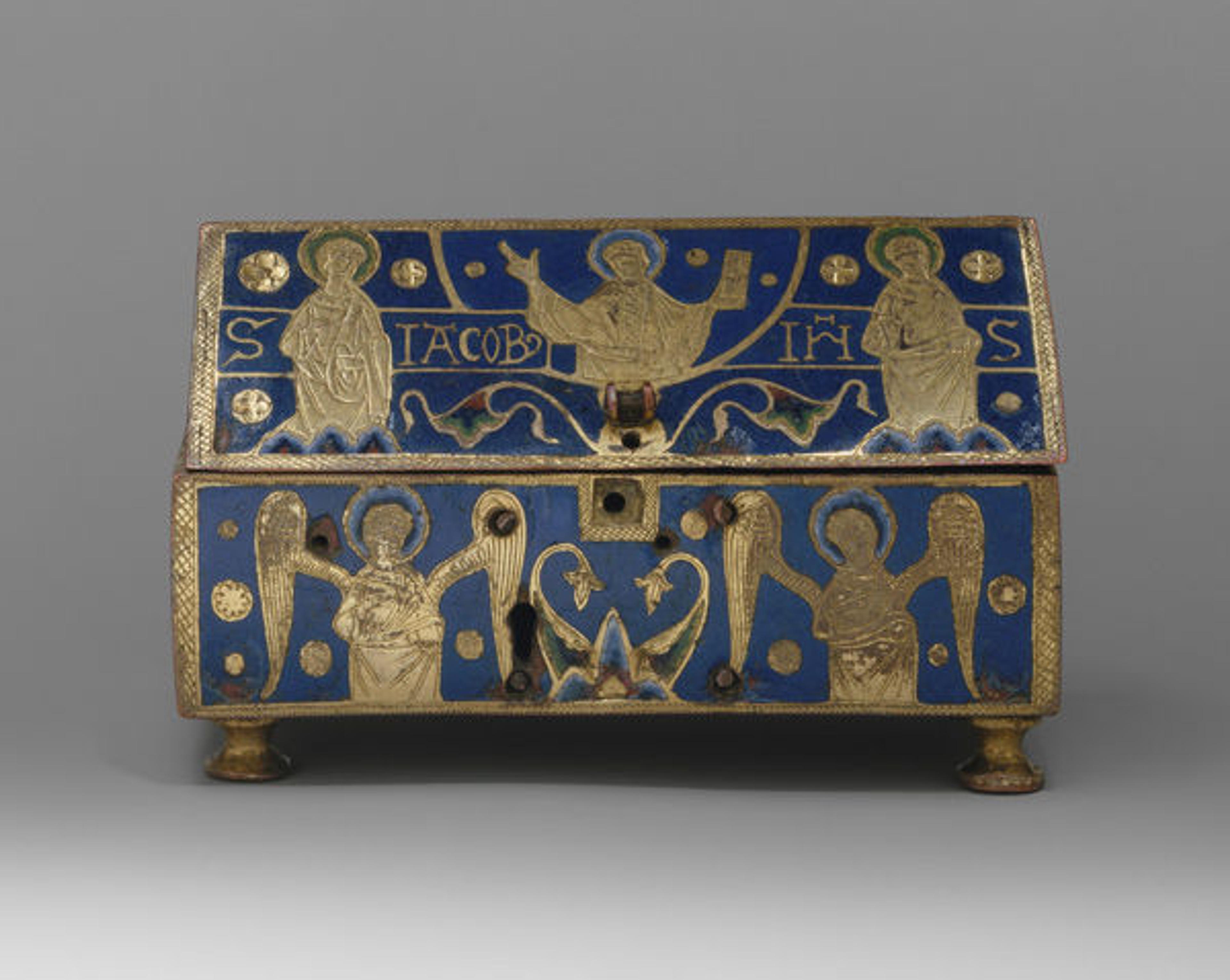 Reliquary, ca. 1200–1220. Made in Limoges, France. French. Copper: engraved, scraped, stippled, and gilt; champlevé enamel: blue-black, two medium blues and one light blue, turquoise, light green, yellow, red and white; overall: 4 1/2 x 2 1/4 x 2 7/8in. (11.4 x 5.7 x 7.3cm). The Metropolitan Museum of Art, New York, Bequest of Benjamin Altman, 1913 (14.40.703)
