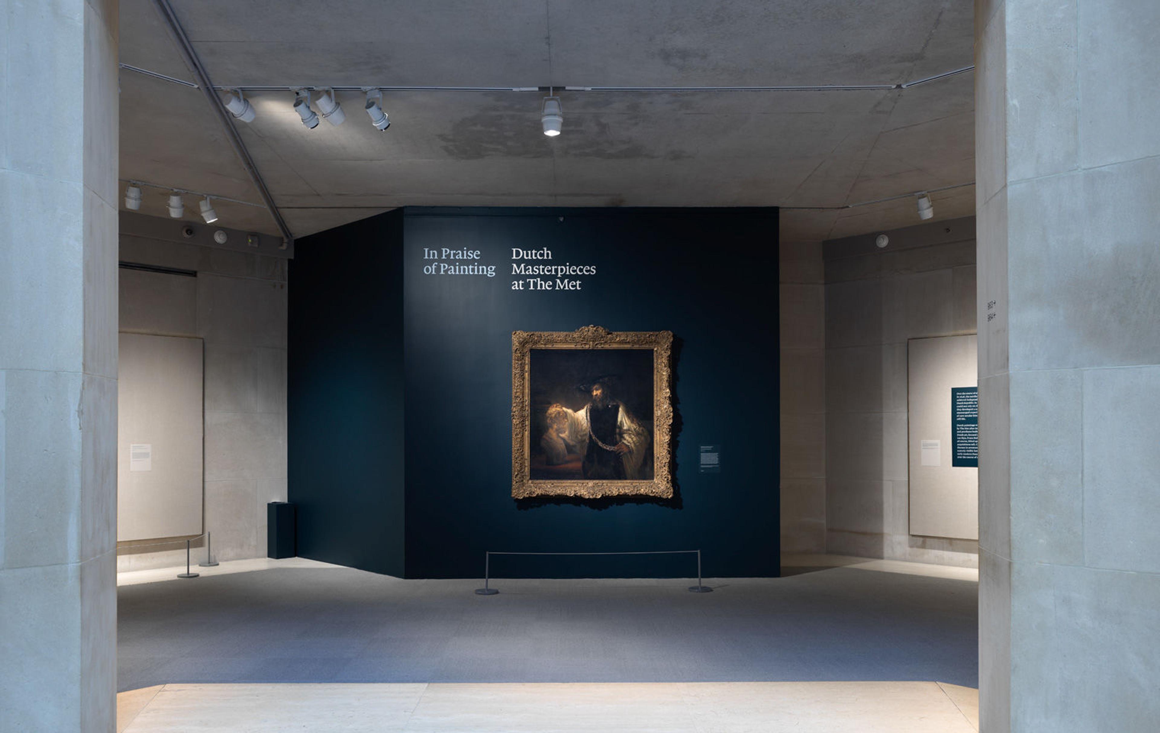 View of the entrance to the Met exhibition "In Praise of Painting: Dutch Masterpieces at The Met," where Rembrandt's "Aristotle with a Bust of Homer" is displayed