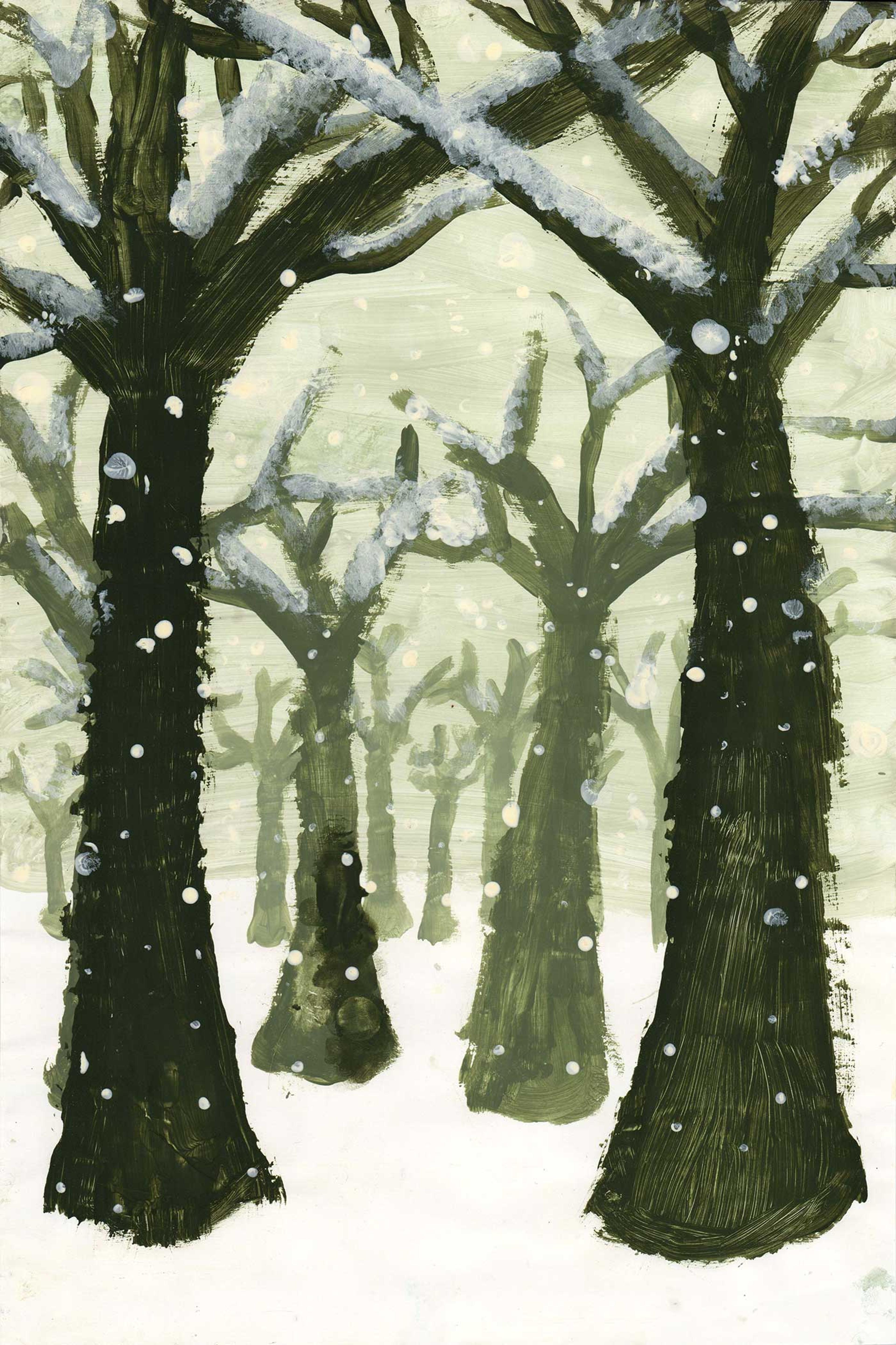 Painting of a forest in winter with bare trees and a gray background.