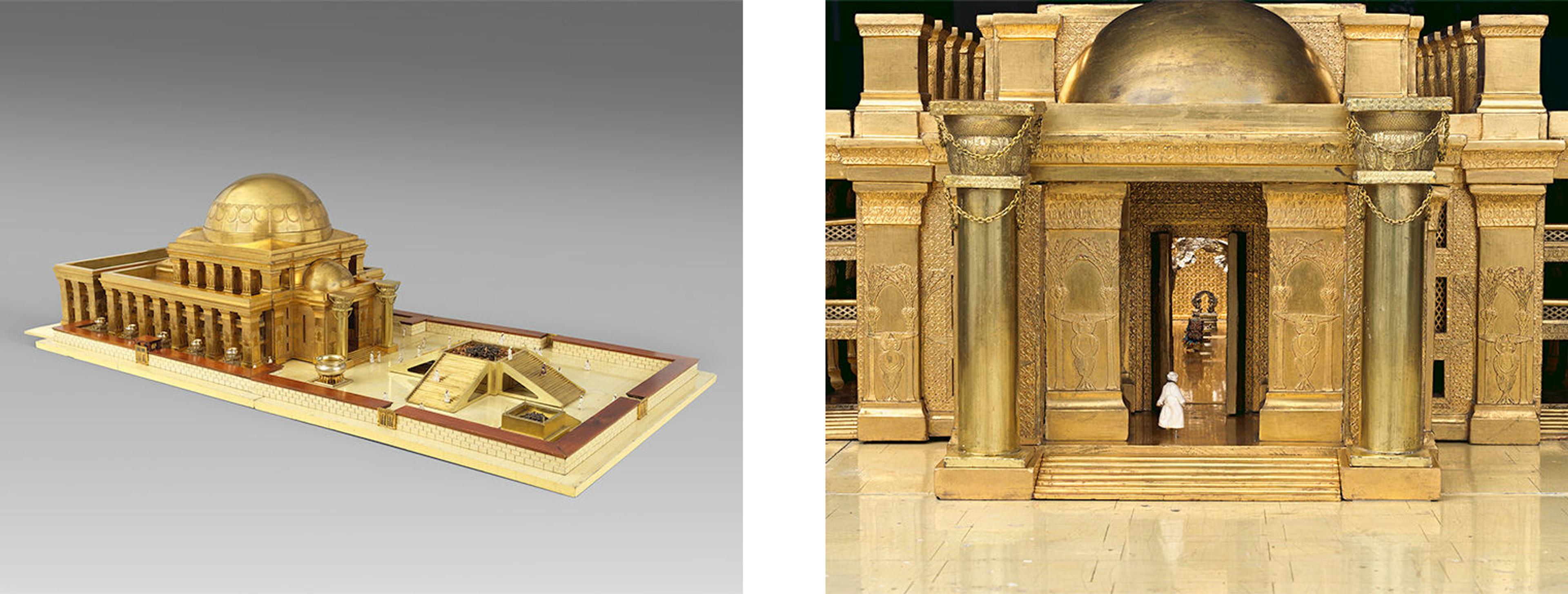 Left: Wide shot of architectural model of the temple of King Solomon in Jerusalem; Right: detail of tiny white-robed priest figurine entering the Temple.