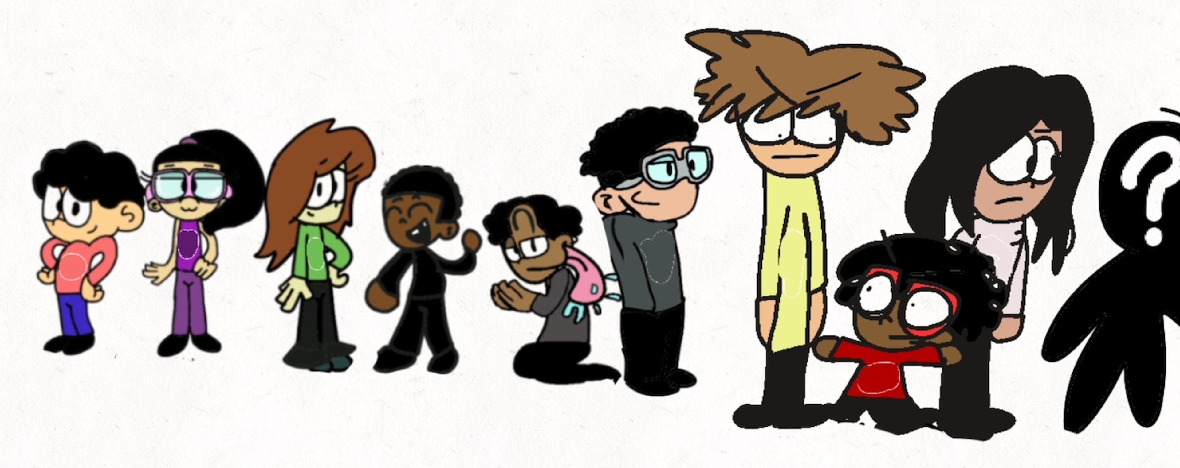 Digital drawing on photo paper is a cartoon illustration of nine children standing in a line, or row, with a tenth child at far right shown as a completely black silhouette with a white question mark drawn upon its head. The nine other children are drawn as a variety of genders, ethnicities, hair styles, and outfits.