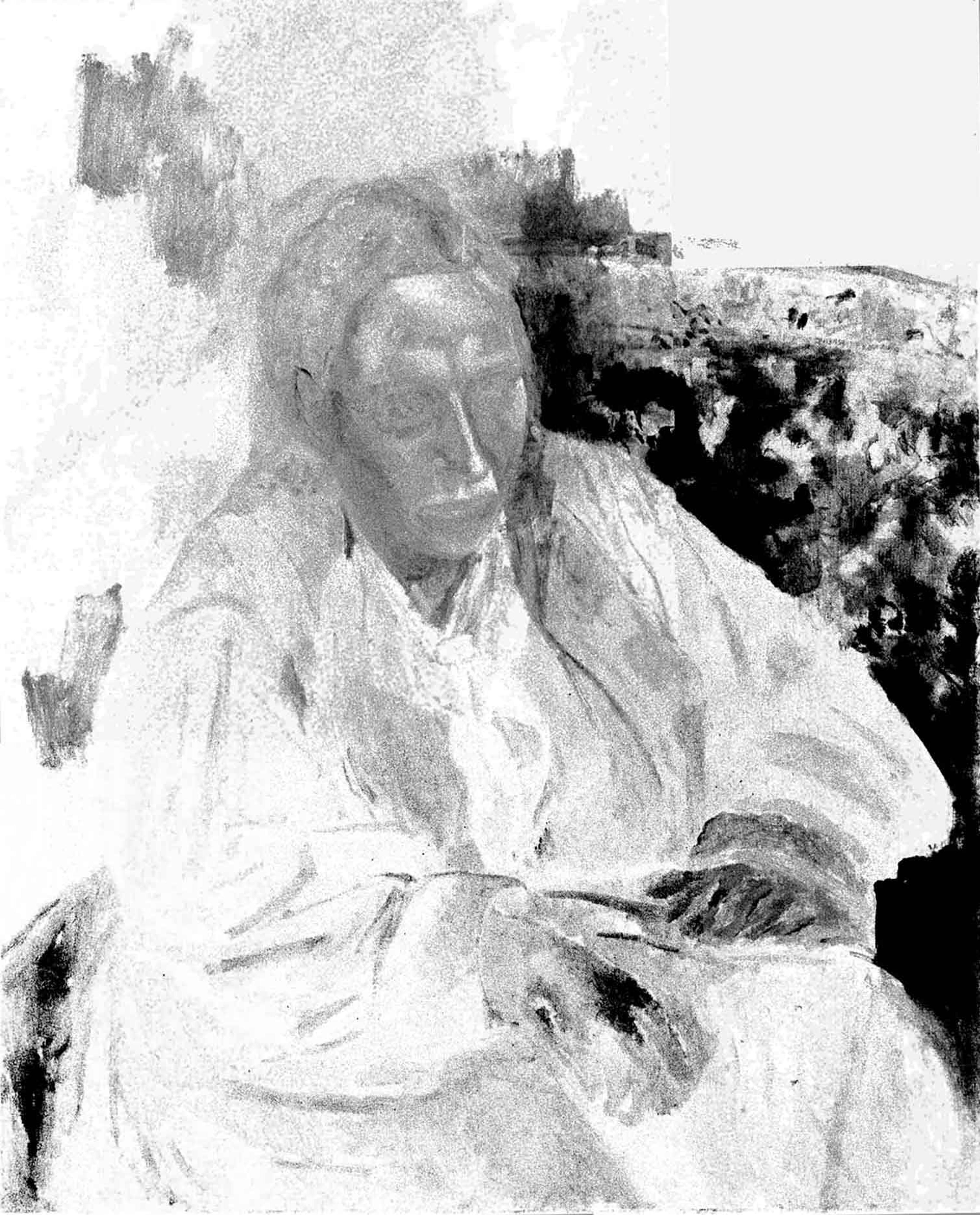 Black-and-white image of entire figure showing presence of mercury in vermilion pigment