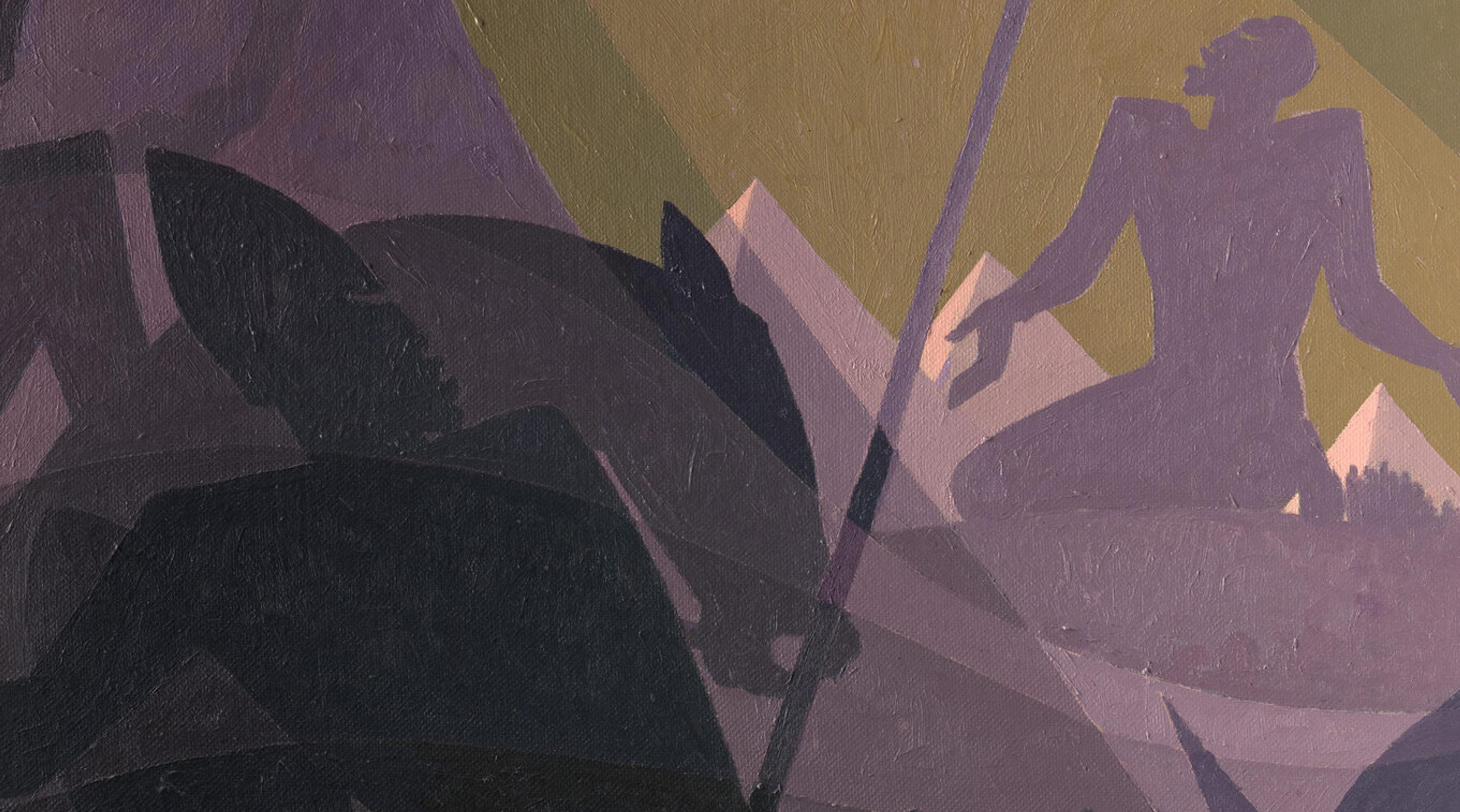 Detail of Aaron Douglas' "Let My People Go" featuring purple silhouetted figures against a yellow-green background.