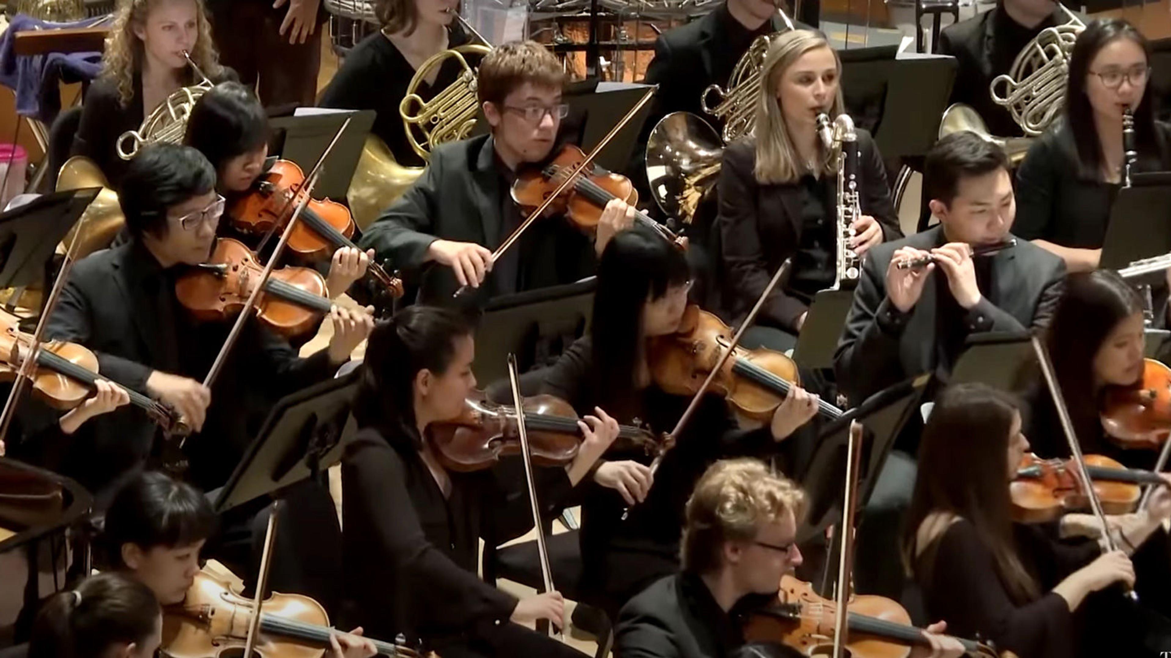 Photo showing members of an orchestra in concert. Musicians are seated, dressed in black, and playing string and wind instruments.