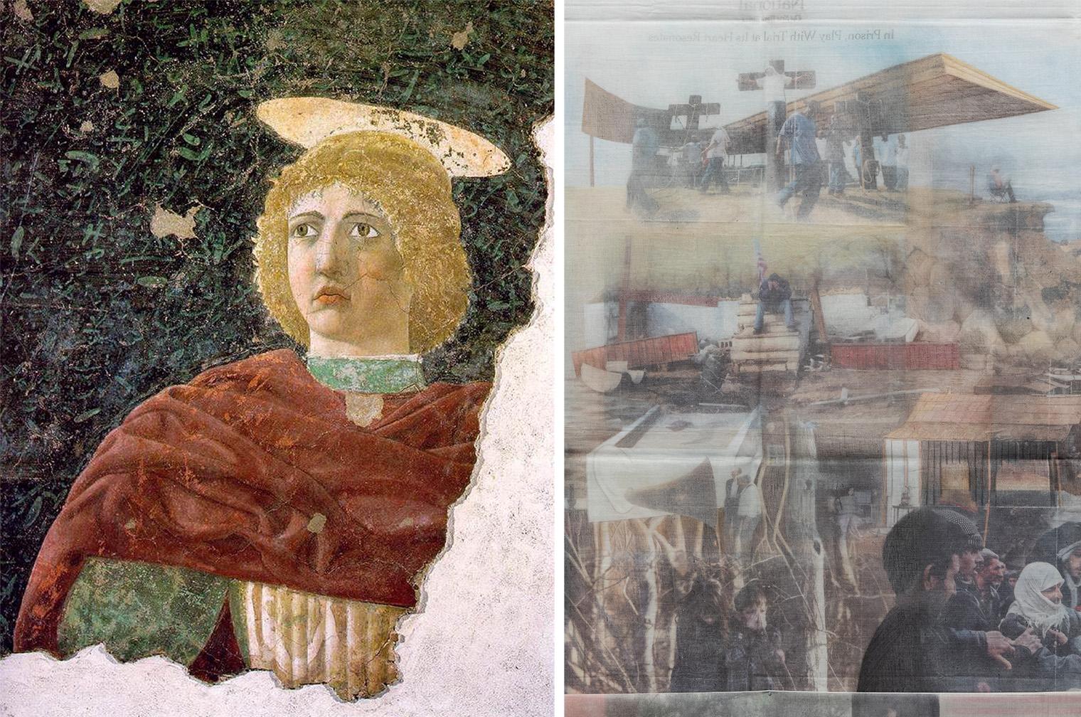 The image shows a side-by-side of a weathered fresco and a blurred, multi-layered photograph. The fresco depicts a haloed figure with an intense gaze, wearing a red robe. The photograph features indistinct scenes of people in various activities, creating a sense of chaos and movement. The tone is a juxtaposition of historical serenity and modern complexity.