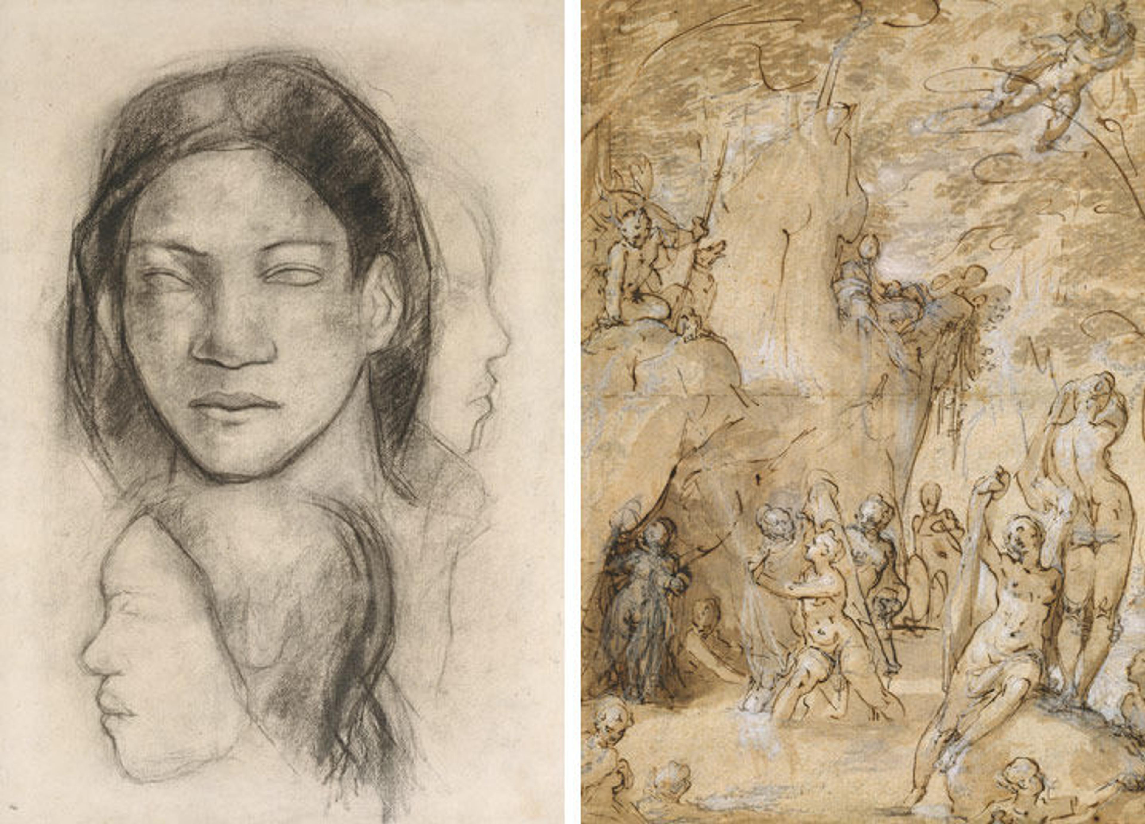 At left, a Gauguin drawing of three Maori faces; at right, a drawing by Bartholomeus Spranger depicting a scene involving the ancient Roman figures Diana and Actaeon