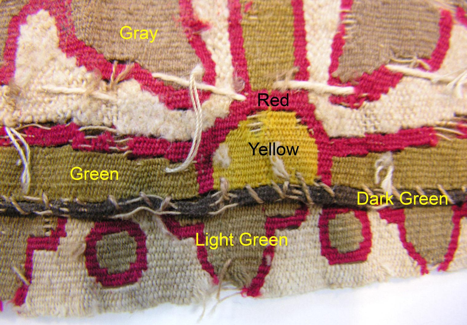 Macro image of a tapestry labeled with the colors "Gray, Red, Green, Yellow, Light Green, and Dark Green."