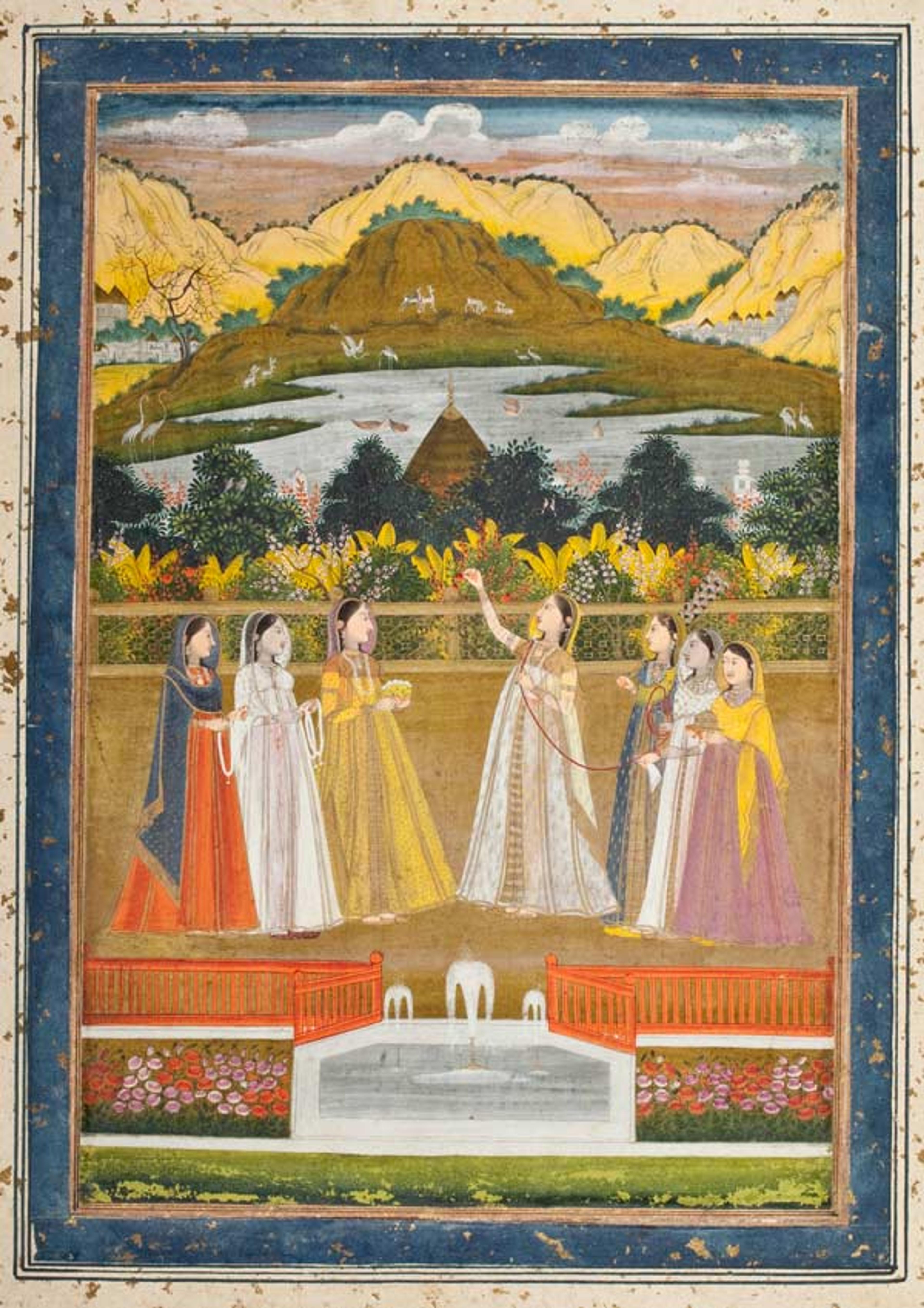 Attributed to Muhammad Faqirullah Khan (Indian, active circa 1720–1770). A Princess and Her Companions Enjoying a Terrace Ambiance, circa 1760–1770. India, Uttar Pradesh, Farrukhabad. Opaque watercolor and gold on paper; Image: 11 x 7 1/2 in. (27.94 x 19.05 cm); Sheet: 16 1/8 x 11 3/4 in. (40.96 x 29.85 cm); Mat: 27 3/4 x 21 3/4 in. (70.49 x 55.25 cm). Los Angeles County Museum of Art, Los Angeles, Art Museum Council Fund (M.2005.159)