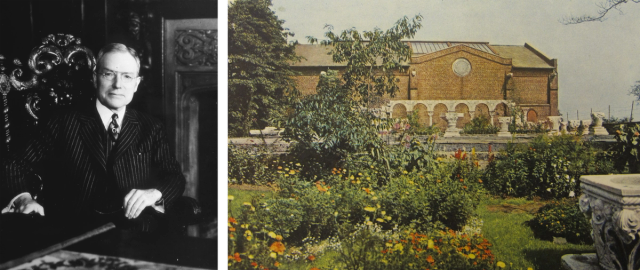 Side-by-side images: one of a person seated at an ornate desk, the other showing a garden with colorful flowers in front of a brick building with arched colonnade.