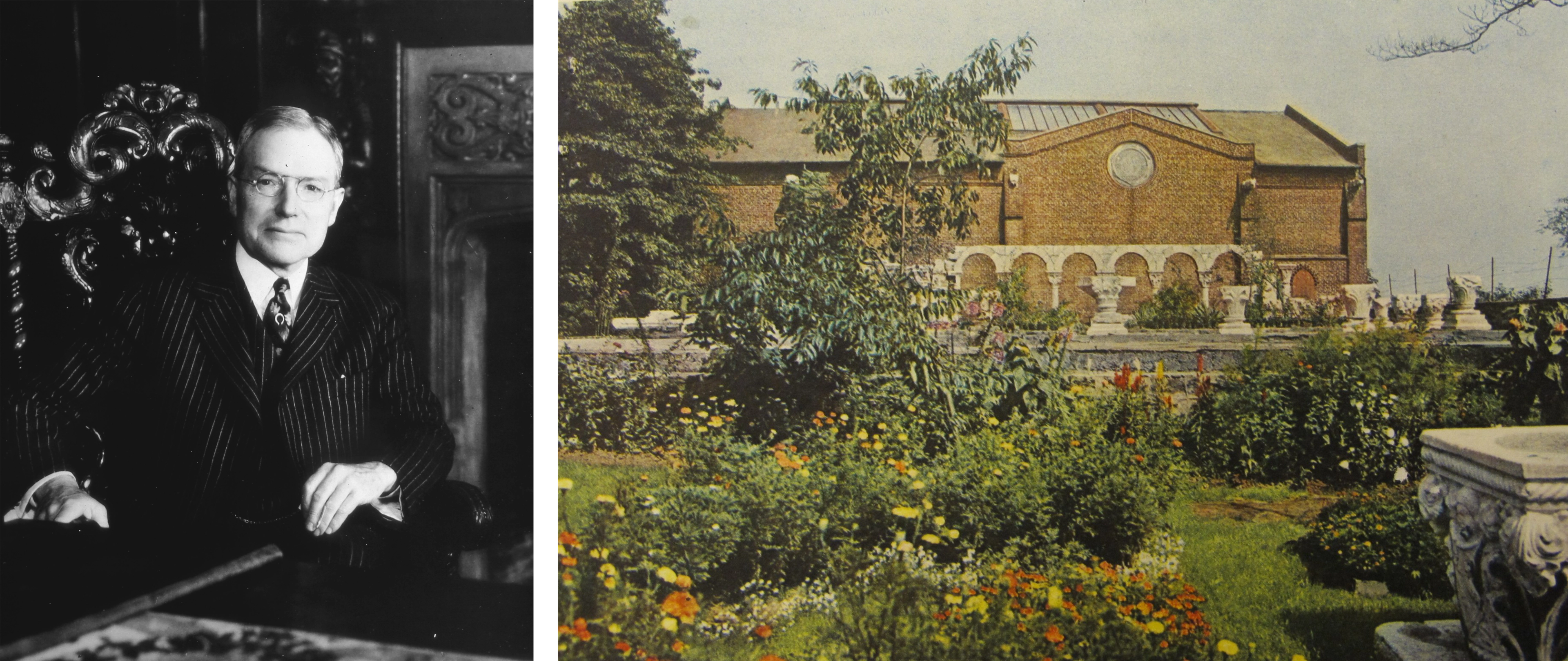 Side-by-side images: one of a person seated at an ornate desk, the other showing a garden with colorful flowers in front of a brick building with arched colonnade.