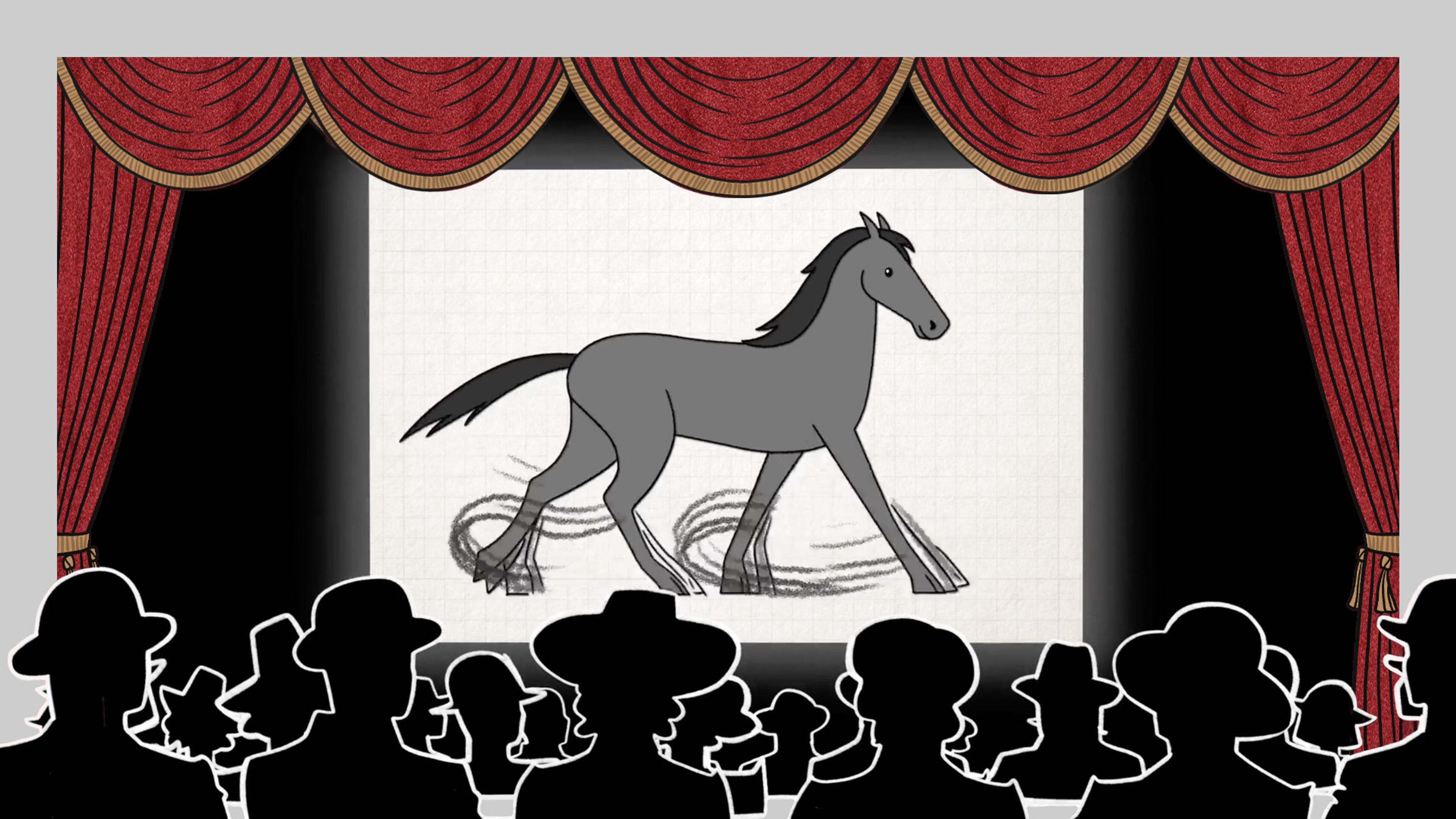 Illustration of a horse trotting on a black-and-white screen in a cinema