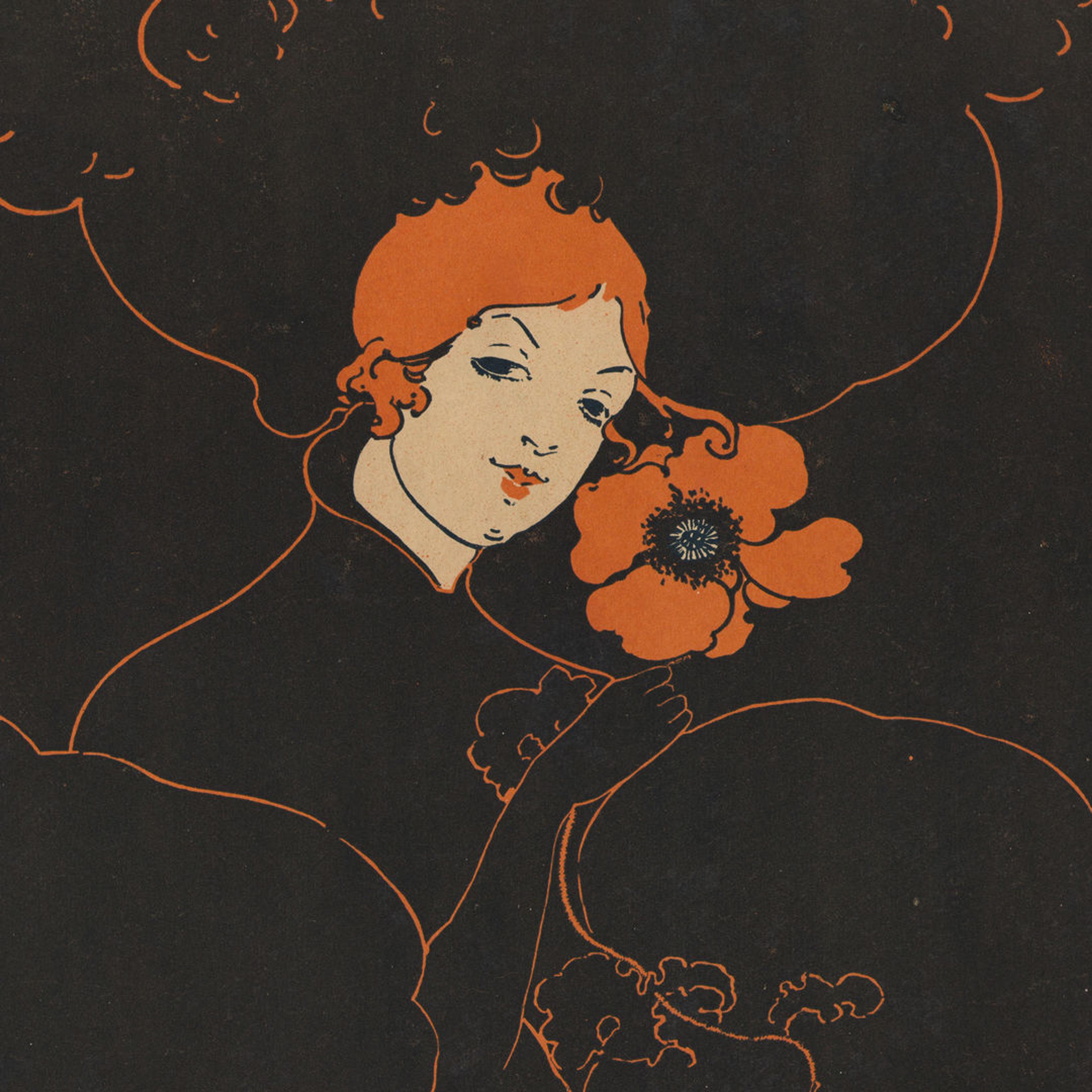 Printed graphic image of a white woman seductively holding a poppy flower. The Woman and the peony are an orange color and the background of the image is black and the woman's dress and hat are created just using orange outlines. 