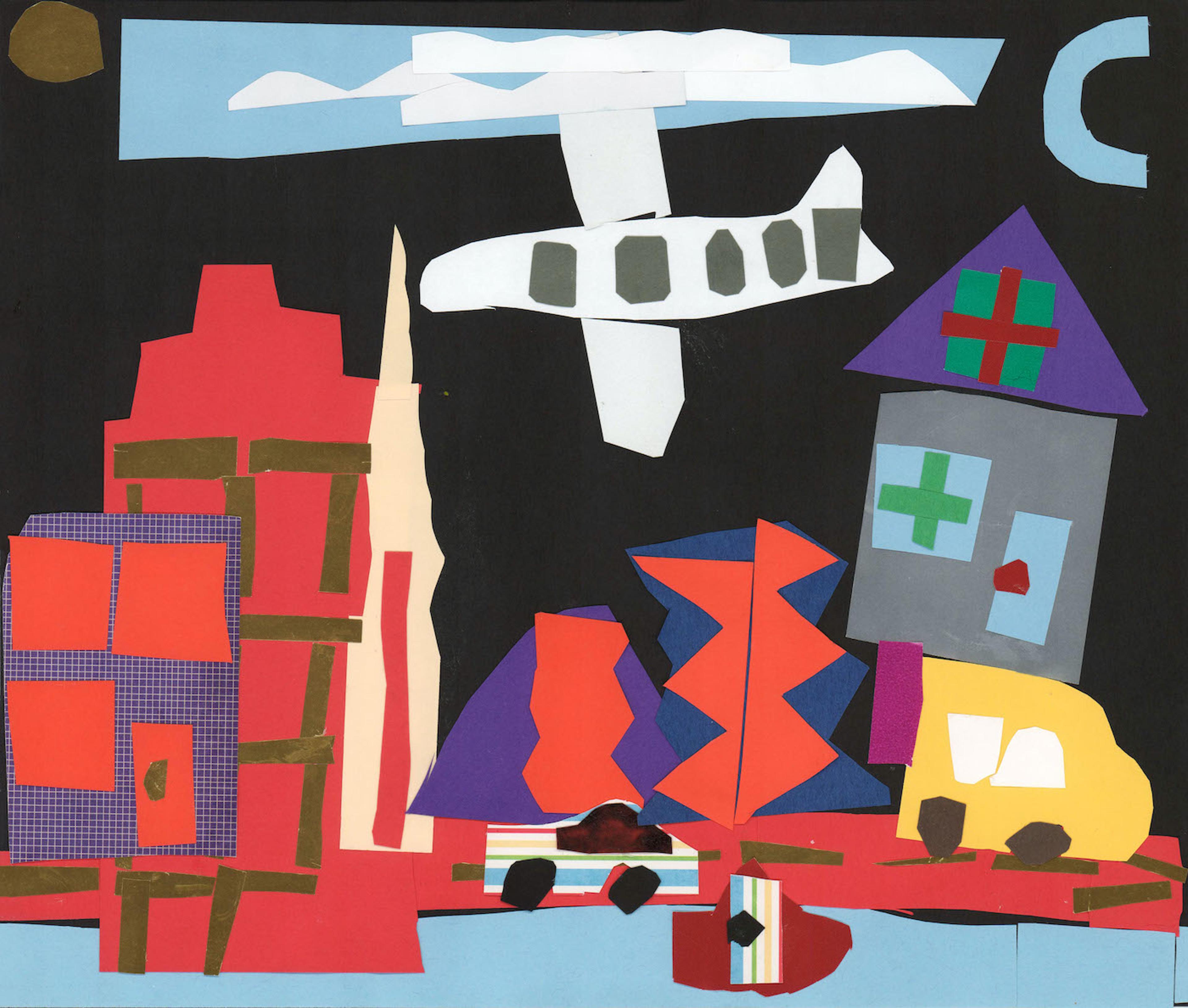 Paper collage showing a city landscape at night. The sky is black. A white airplane flies from right to left. A crescent moon shaped like a letter C is shown at the top right of the image. At bottom left is a blue building with red windows, followed by a tall red building with brown window frames. Next is a tall, spire- shaped yellow building with a long red vertical line in the middle. A pair of shorter buildings are at center, one purple, the other blue, each with red wavy vertical strips in the middle. At far right is a gray building with a purple A- frame roof. A red street is shown in the foreground. A car with horizontal multicolored stripes travels from left to right. At the right side of the image, a large yellow vehicle also travels from left to right.