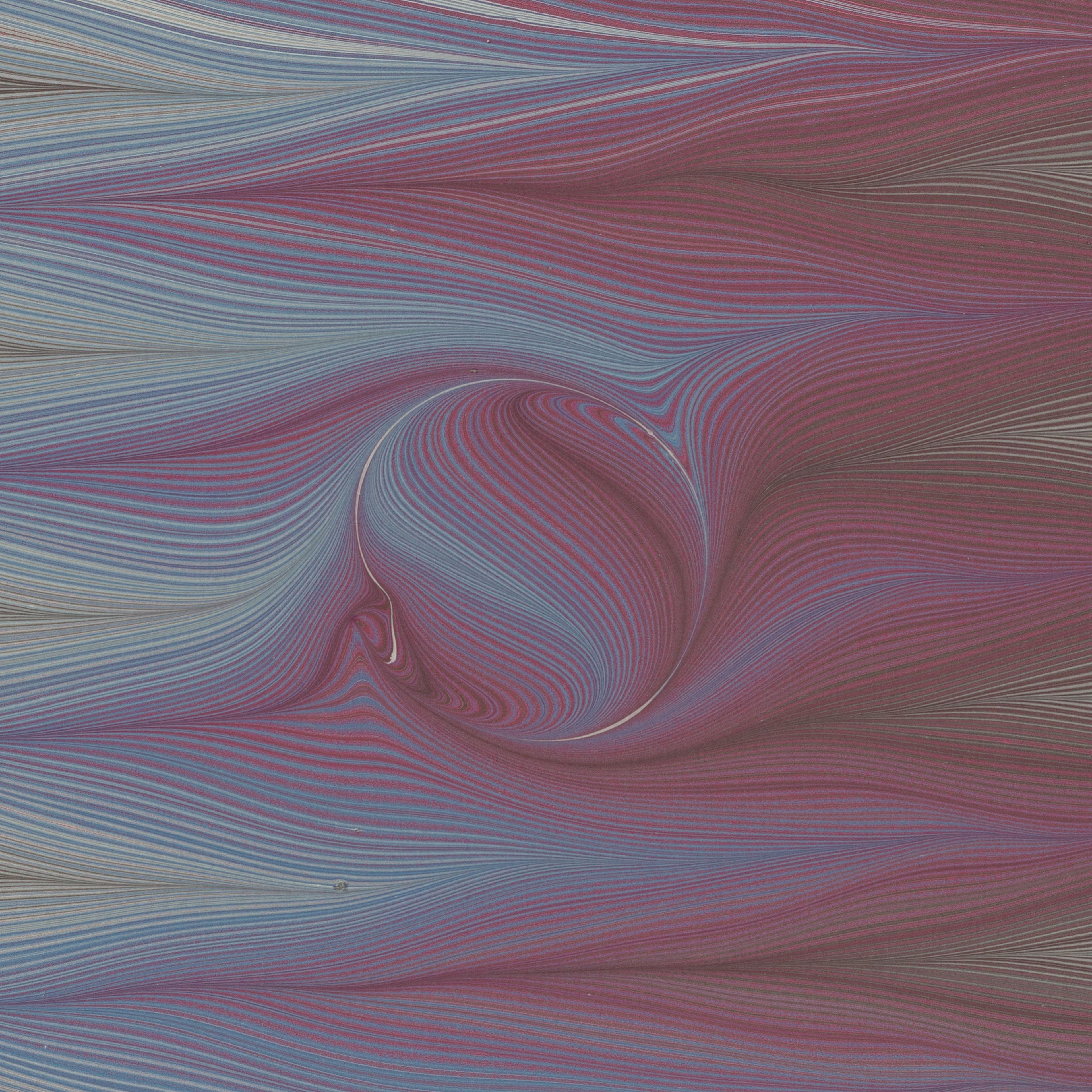 Abstract swirl of red and blue lines with a vortex-like center. Waves suggest fluid motion, evoking a dynamic, mesmerizing effect.