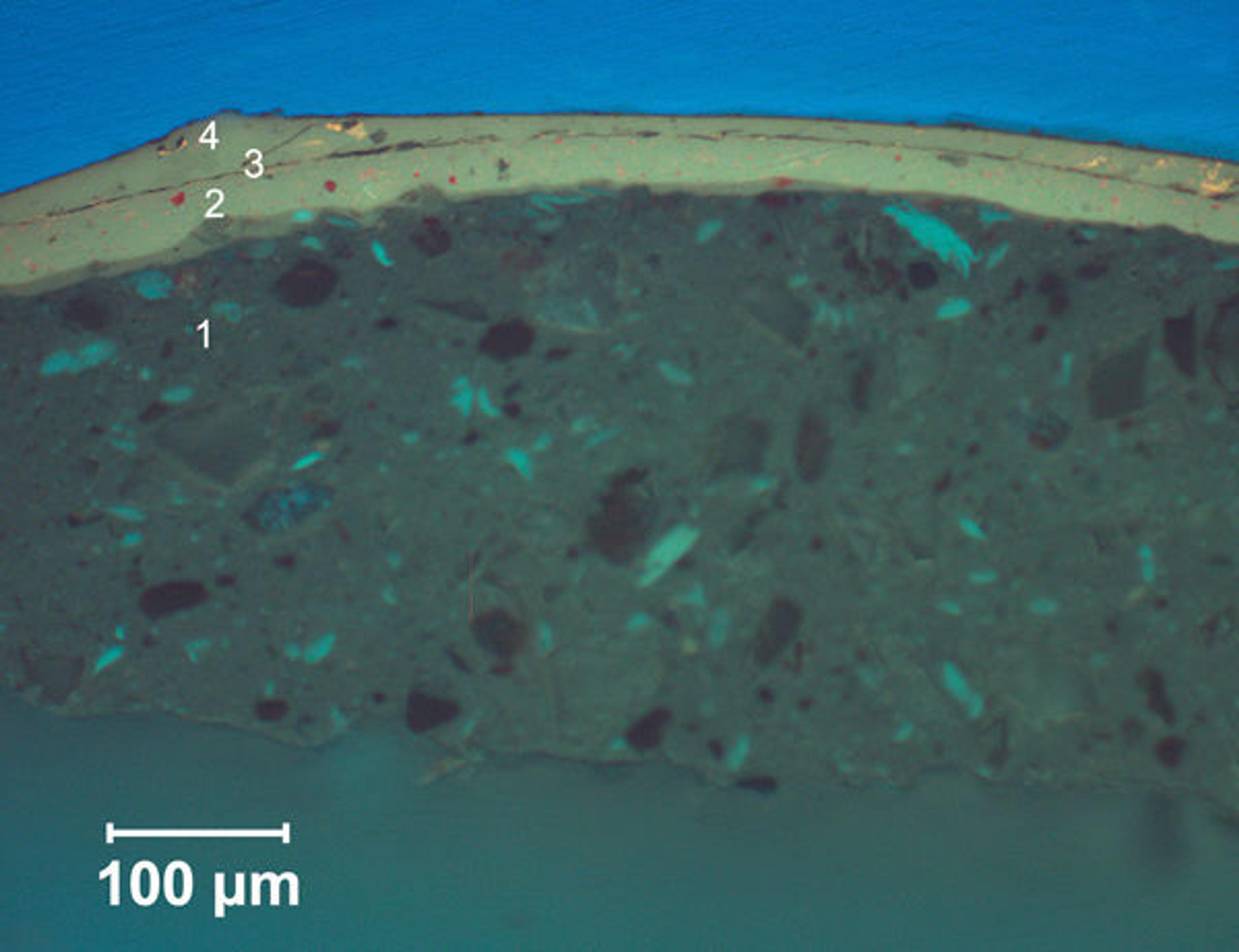 Photomicrographs of a cross section, obtained from a sample taken from the base of the Vajrabhairava, in ultraviolet light.