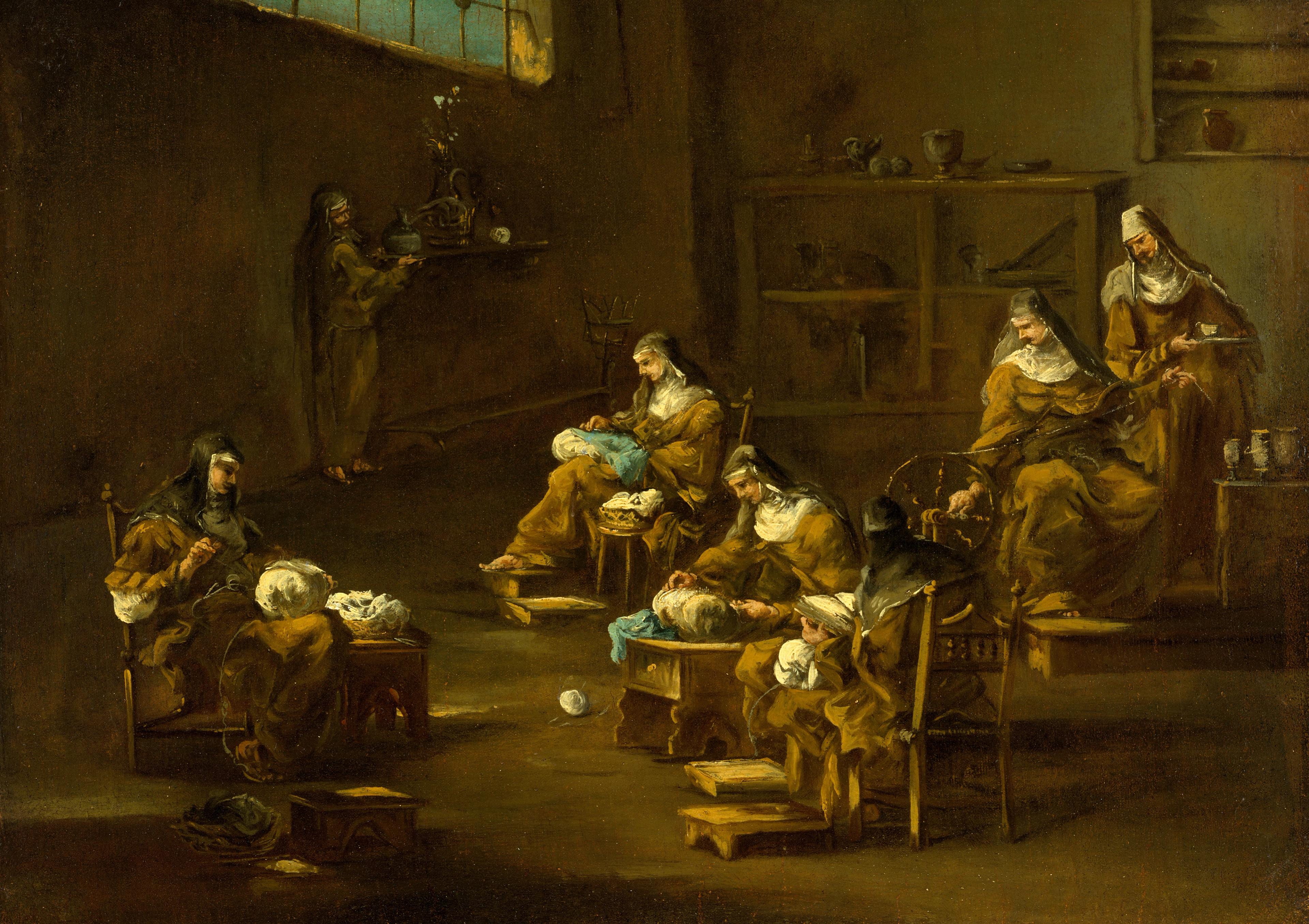 Shadowy paintings of several nuns, mostly seated and sewing.