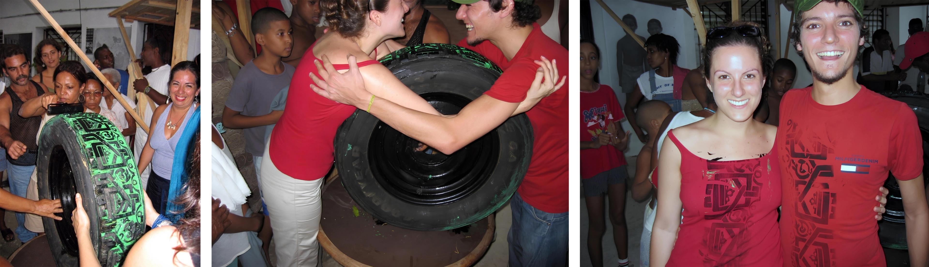 On the left, a woman surrounded by a crowd as she rolls black paint on a large tire with engravings. In the middle, a man and woman in red shirts wrapping their arms around each other and the painted tire. On the right, the same man and woman facing forward, showing the imprinted black patterns on their red shirts.