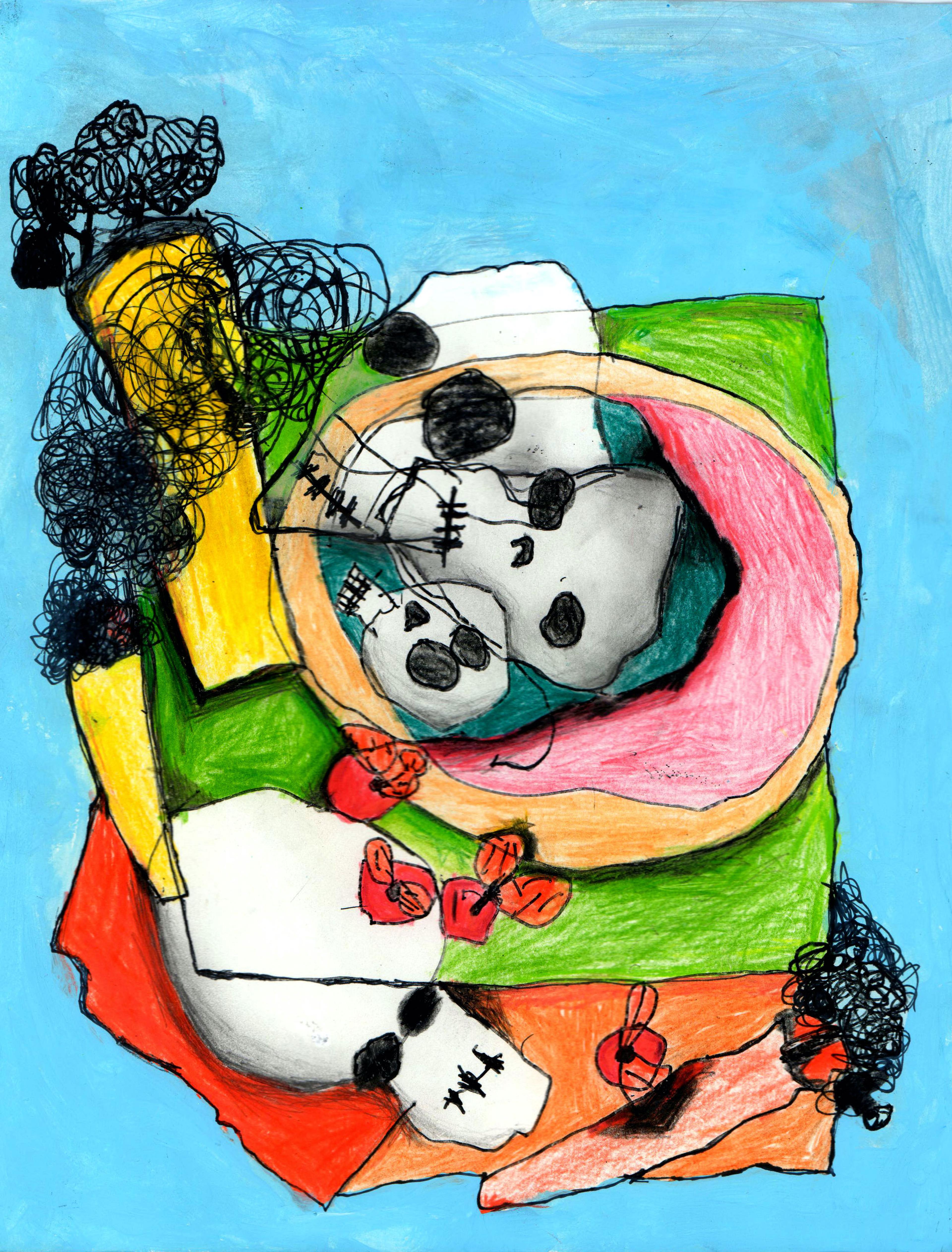 Abstract mixed-media illustration of a Cubist brunch table setting on a light blue backdrop, as seen from above. A red plate with orange trim sits upon a green square mat with red and orange cloths emerging at the bottom. Long yellow vegetables sit to the left of the plate, while a large white skull and a smaller white skull sit inside the plate. A third skull overlaps the edges of the plate at top, and a fourth large skull overlaps the green mat and red cloth at bottom. Small red vegetables ring the bottom of the plate. A long red vegetable sits at the bottom corner to the right on the orange cloth.