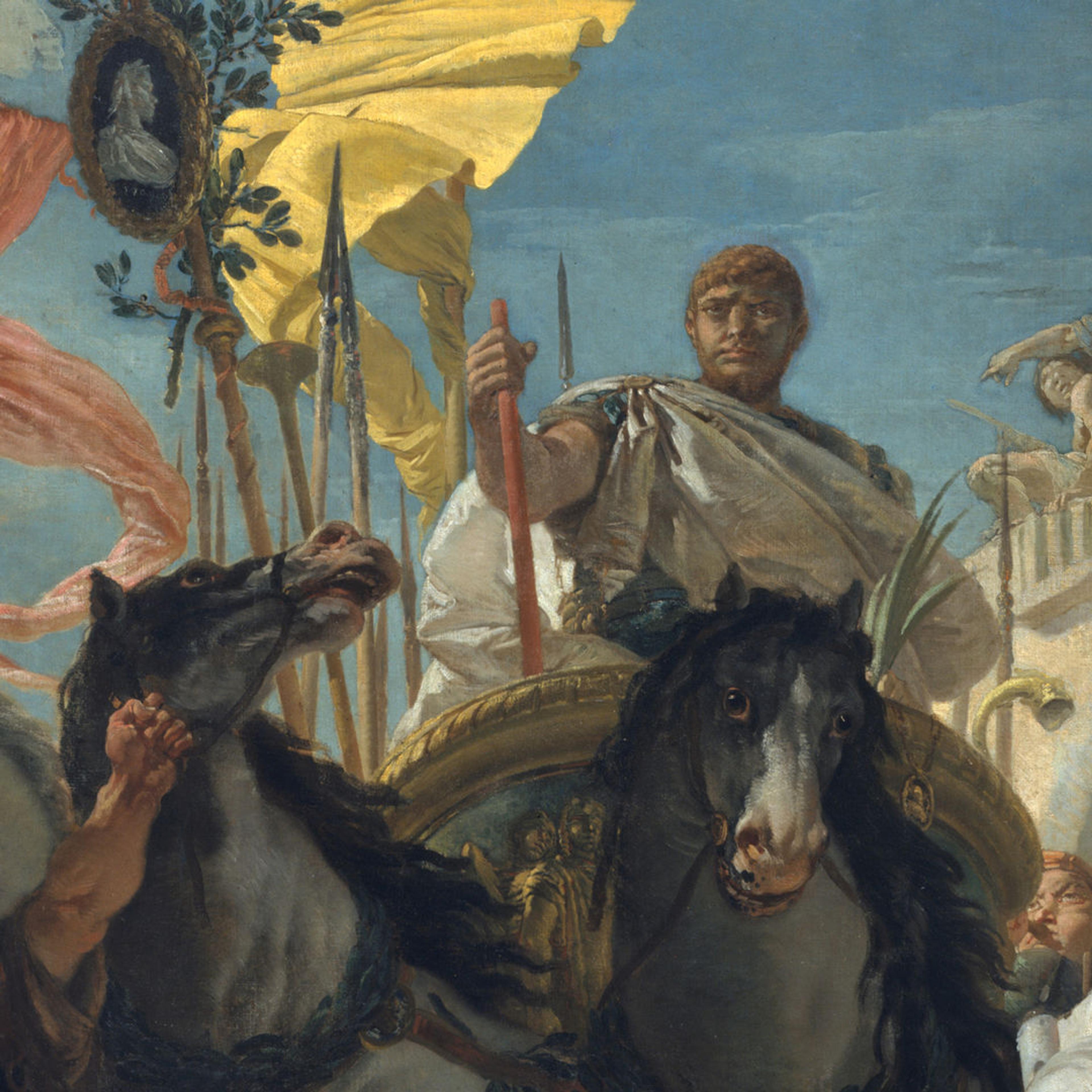 Detail from Tiepolo's The Triumph of Marius. Marius is at the lower left. Behind him, Jugurtha's stoic figure sits atop a horse amidst a parade of colors and faces.