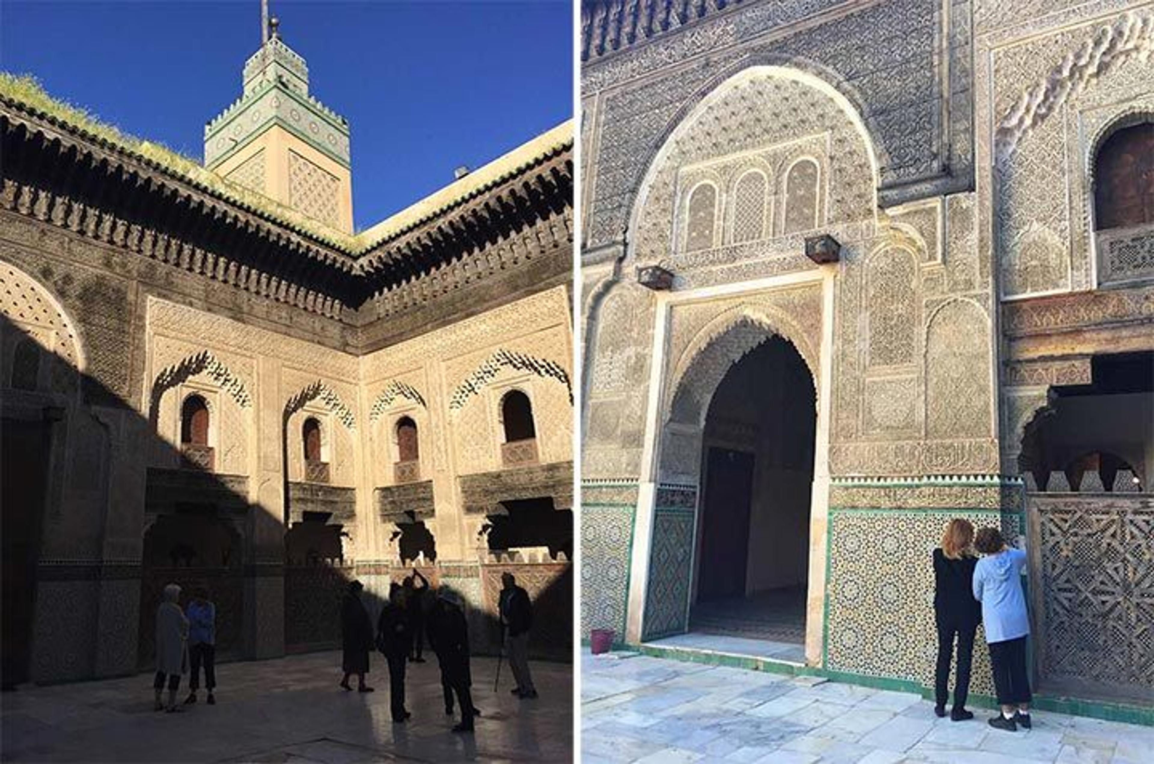 Left: Courtyard of the Bou Inania Medersa, 14th century. Right: Participants marvel at the intricate mosaic tilework
