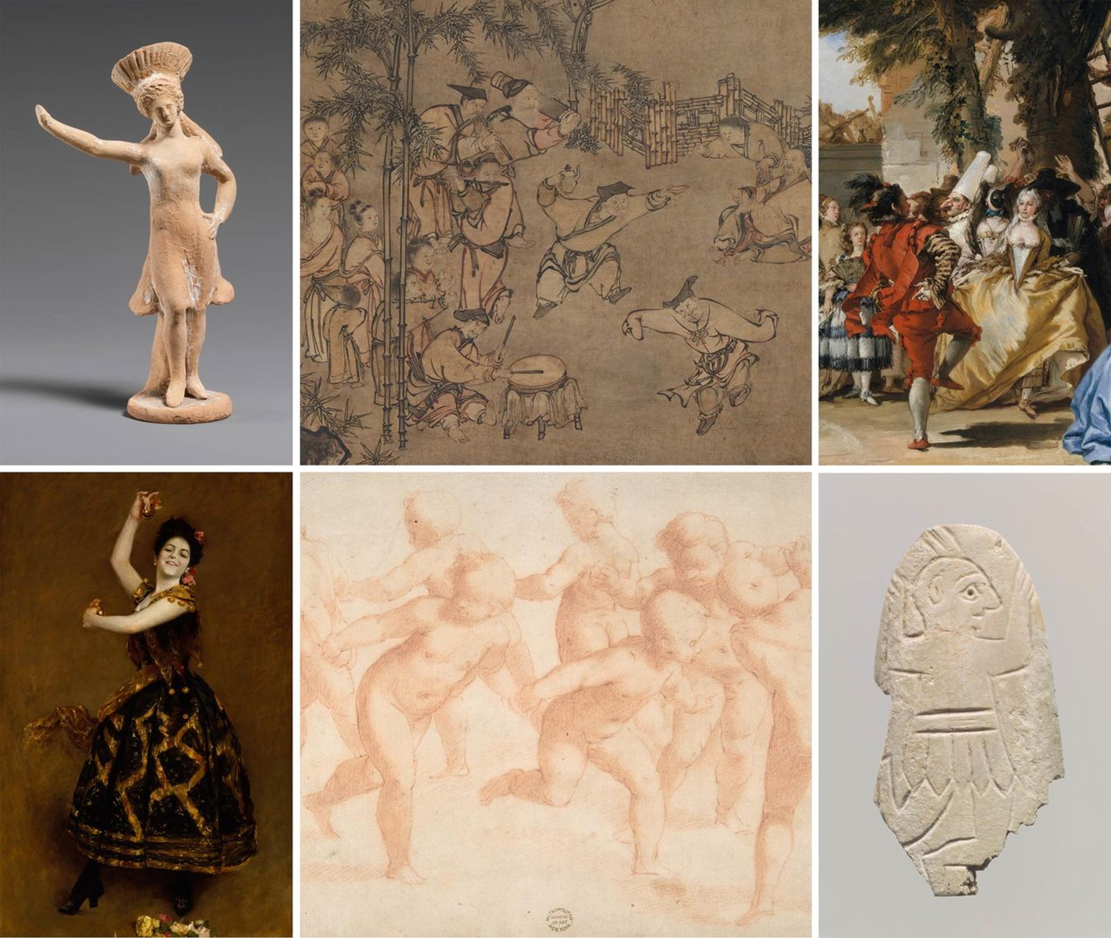 Composite image of six representations of dancing figures across time in The Met collection