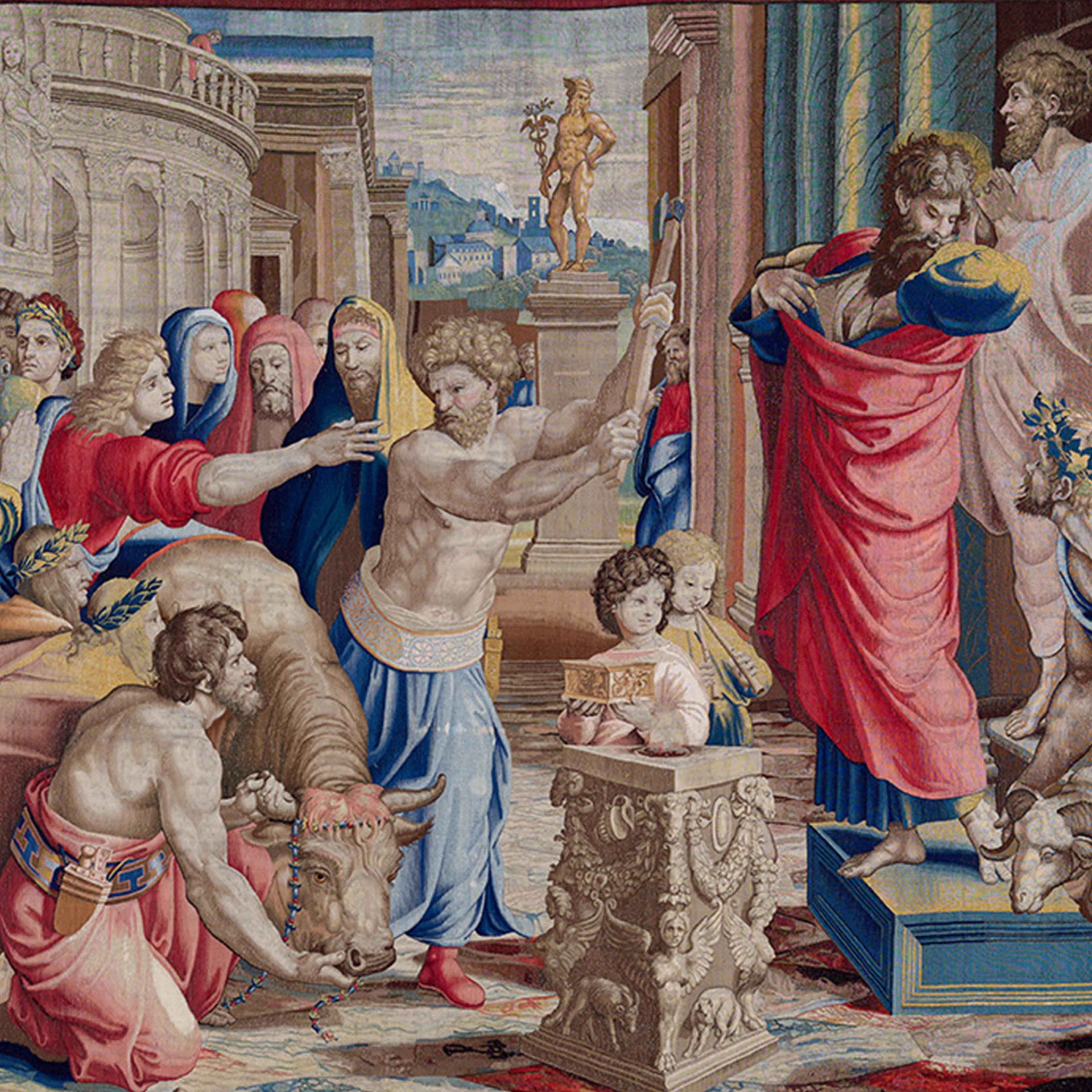 A colorful tapestry depicting an ancient scene with a crowd in vibrant robes, a bull, and Roman architecture.
