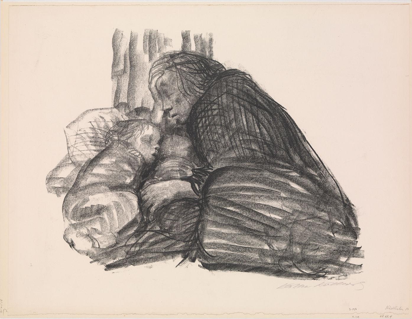 lithograph of an exhausted mother physically sheltering her infant and toddler by Kathe Kollwitz.