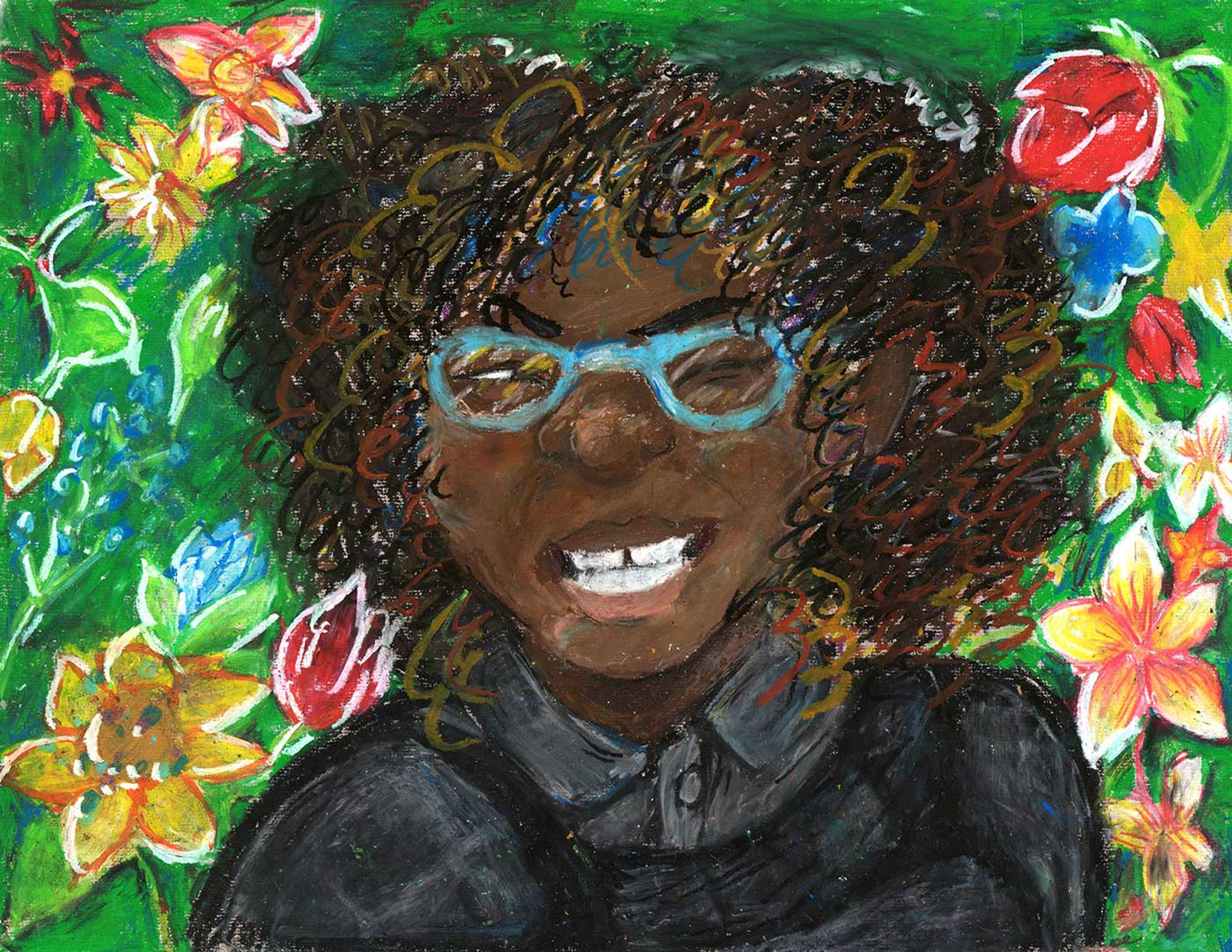 Portrait of a young woman with curly hair against a floral background.