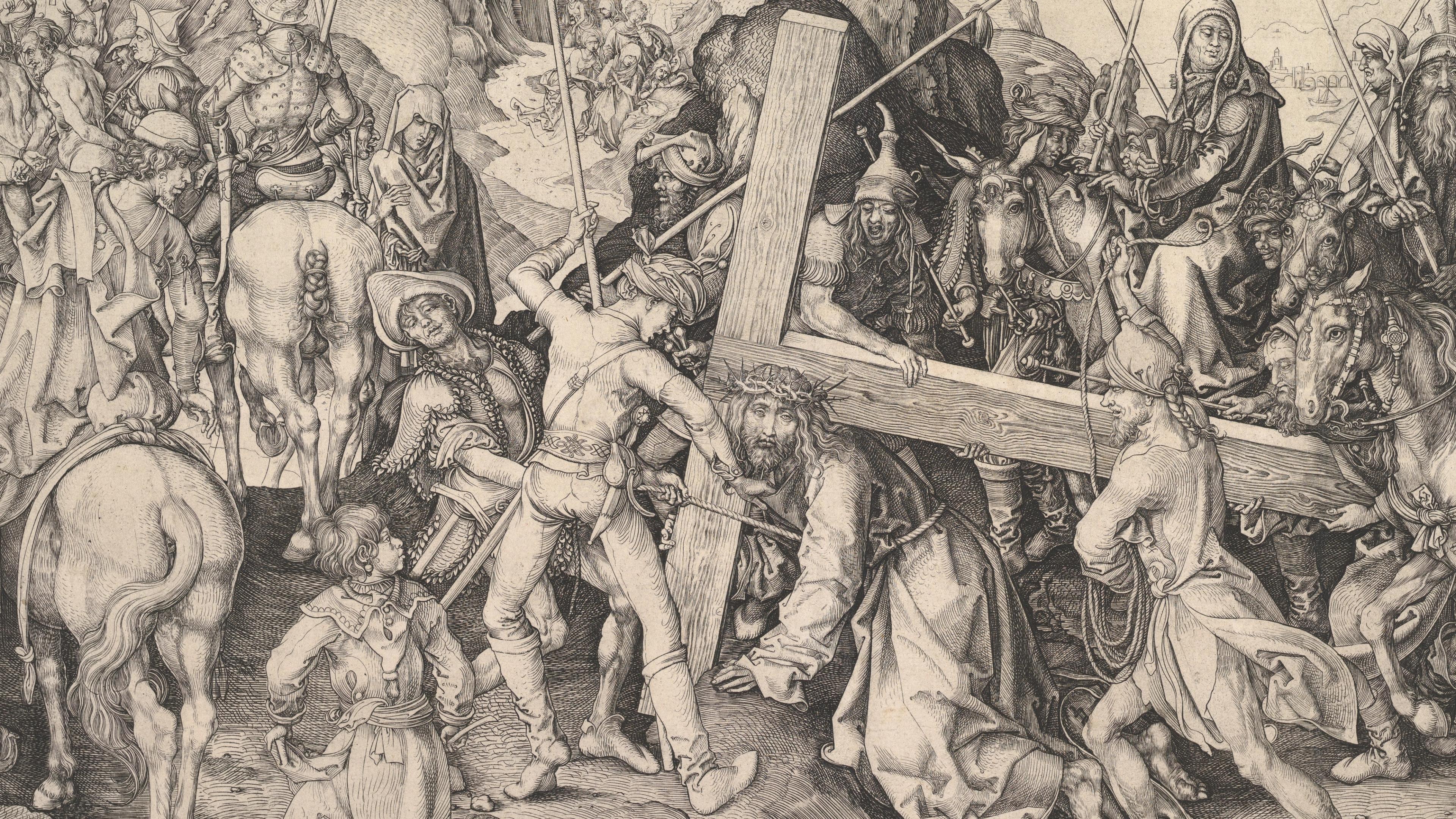 Engraving by Martin Schongauer depicting Christ carrying the Cross amid a throng of onlookers.