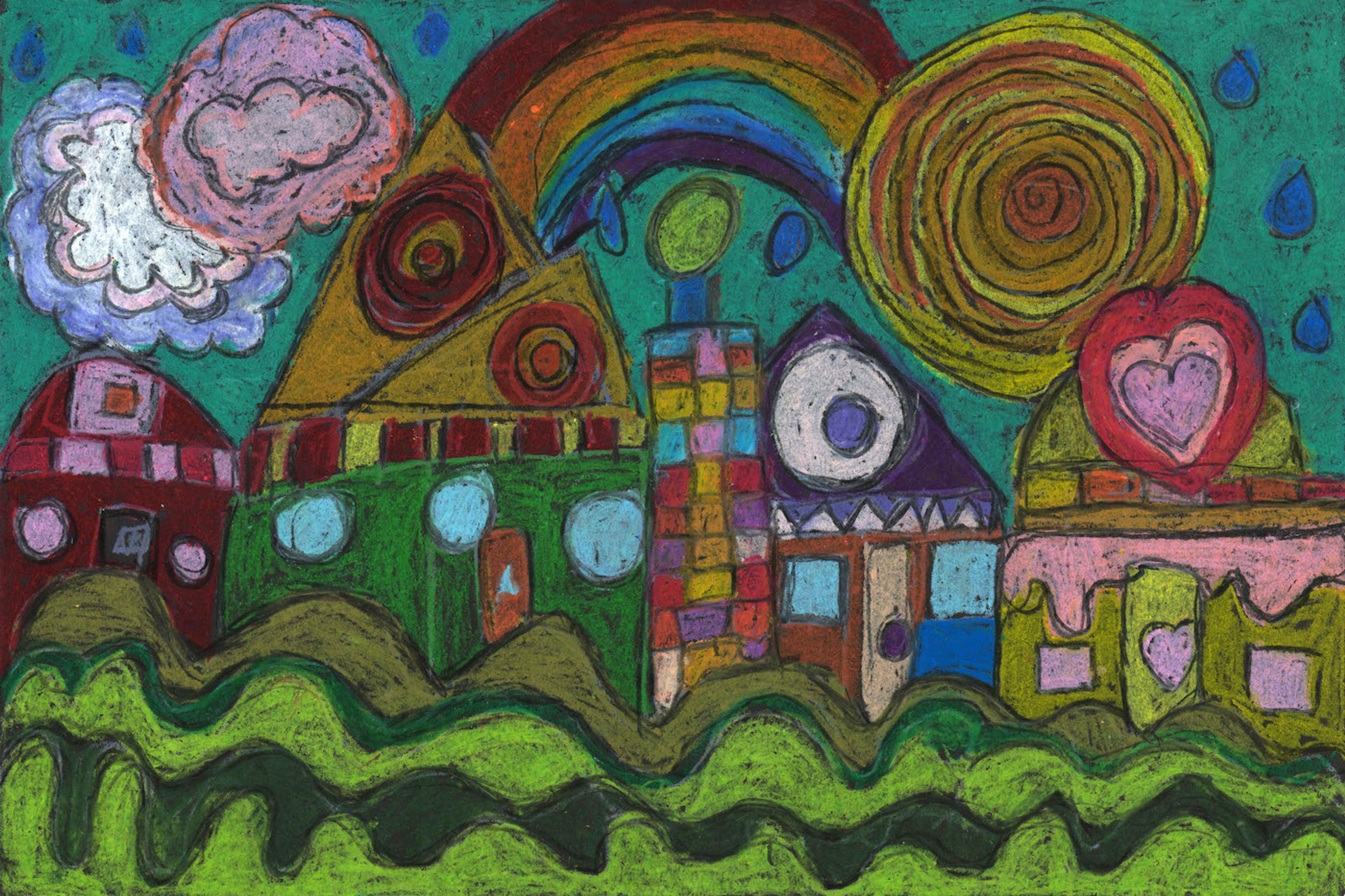 Oil pastel illustration of a row of buildings at center with green waves of water below and a teal sky and large blue raindrops above. White and pink clouds are shown at left. A rainbow arcs across the sky in the center, and a huge sun with concentric yellow and orange rings appears at right. A red building is shown at left, followed by a large green building with a dark yellow roof. A thin building made up of several rows of three column multicolored squares is shown at center. Further right is a brown building with a purple roof and an olive colored building decorated with a red ringed valentines' heart on the roof.