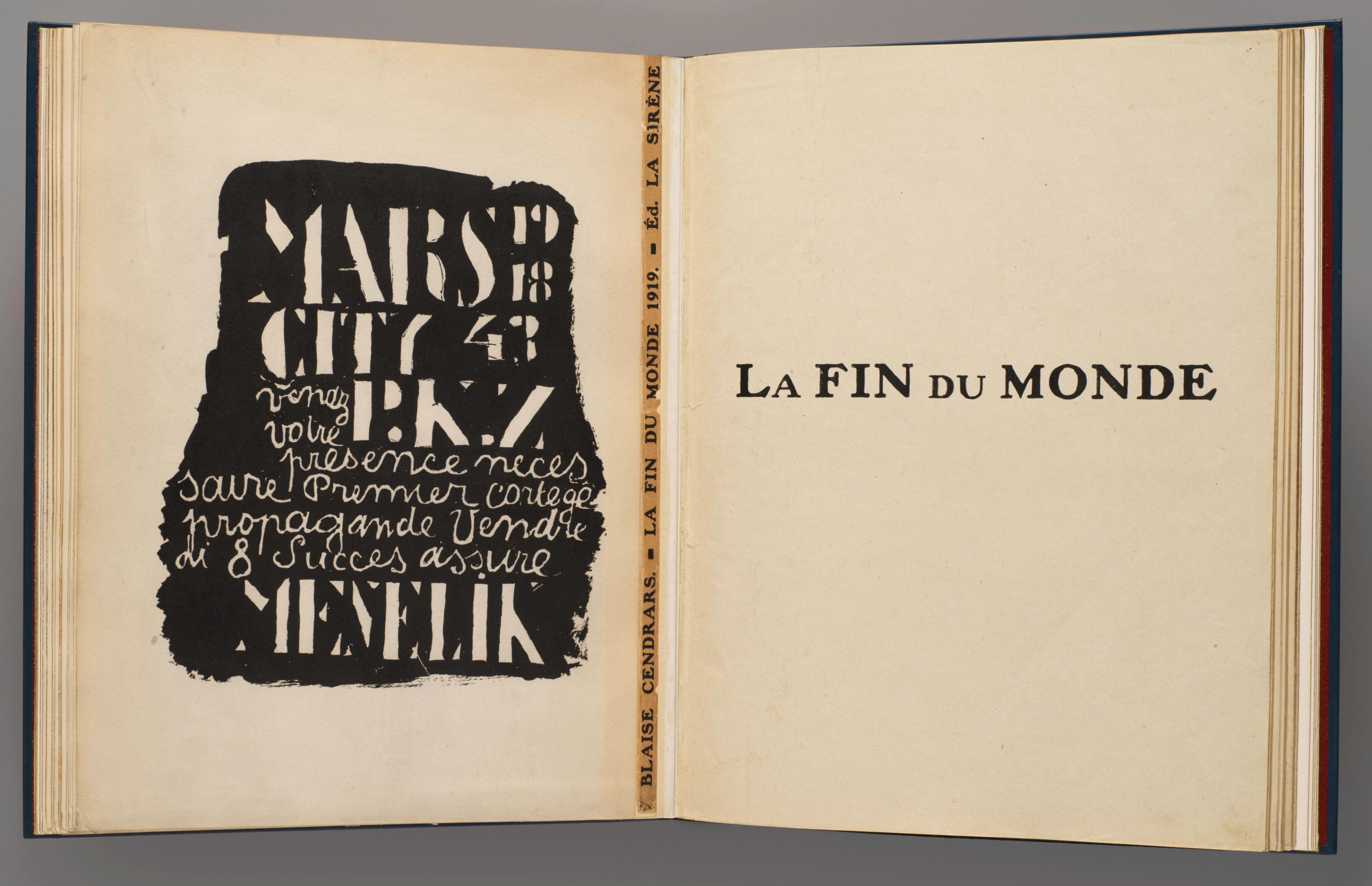 Image of double page spread of The Met's copy of La Fin du monde luxury copy attached to the maquette at the end of the book. 