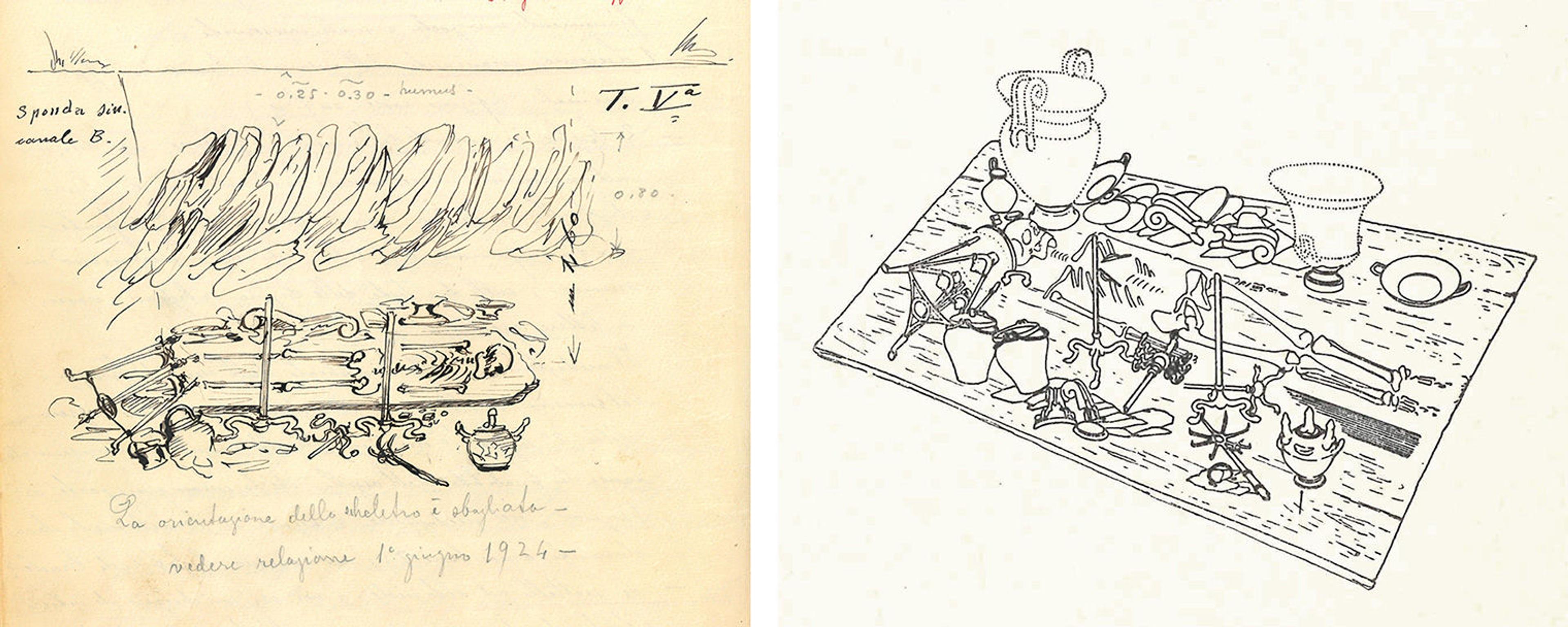 Two drawings of discoveries in Tomb 128. The drawing at left shows the schematic of the tomb: a skeleton laid out on a flat base, surrounded by small objects. Rough sketching above the skeleton indicates the presence of rocks. The drawing at right shows a closer view of the skeleton with the surrounding objects, including vases, bowls, a tripod, torch-holder, and other objects.