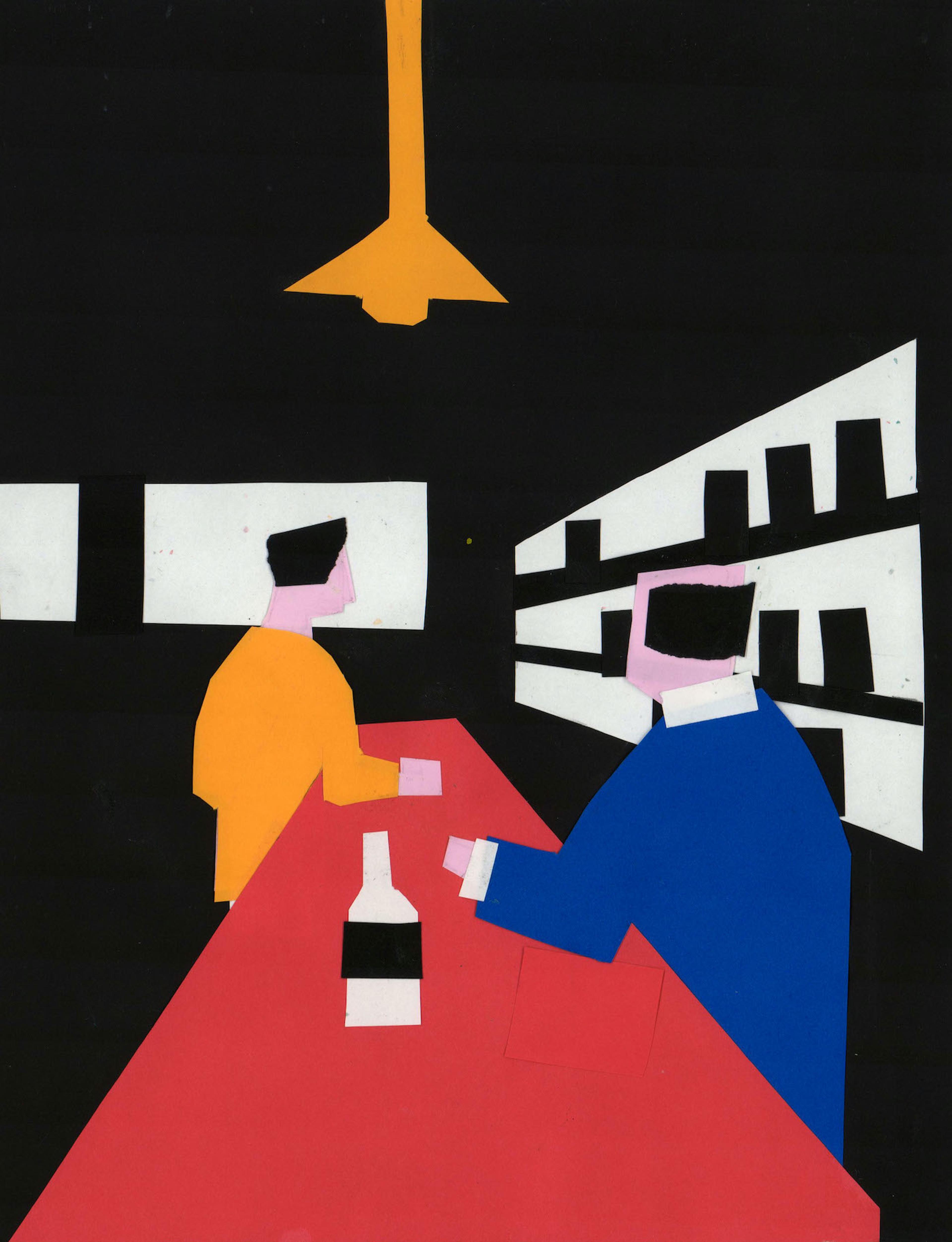 Paper collage illustration of the interior of a bar, with the red surface top of the bar table drawn in one- point perspective, receding toward a pair of white windows set upon a black wall. The interior walls of the bar are colored black, except for an orange hanging lamp above and a large mirror on the wall to the right, broken up by the black silhouettes of bottles sitting on three shelves. At left, a white customer with black hair and an orange shirt rests his left hand upon the bar. At right, a bald bartender in a blue shirt rest his left hand on the bar, facing the customer. A white bottle with a black label sits on the red bar next to the bartender.
