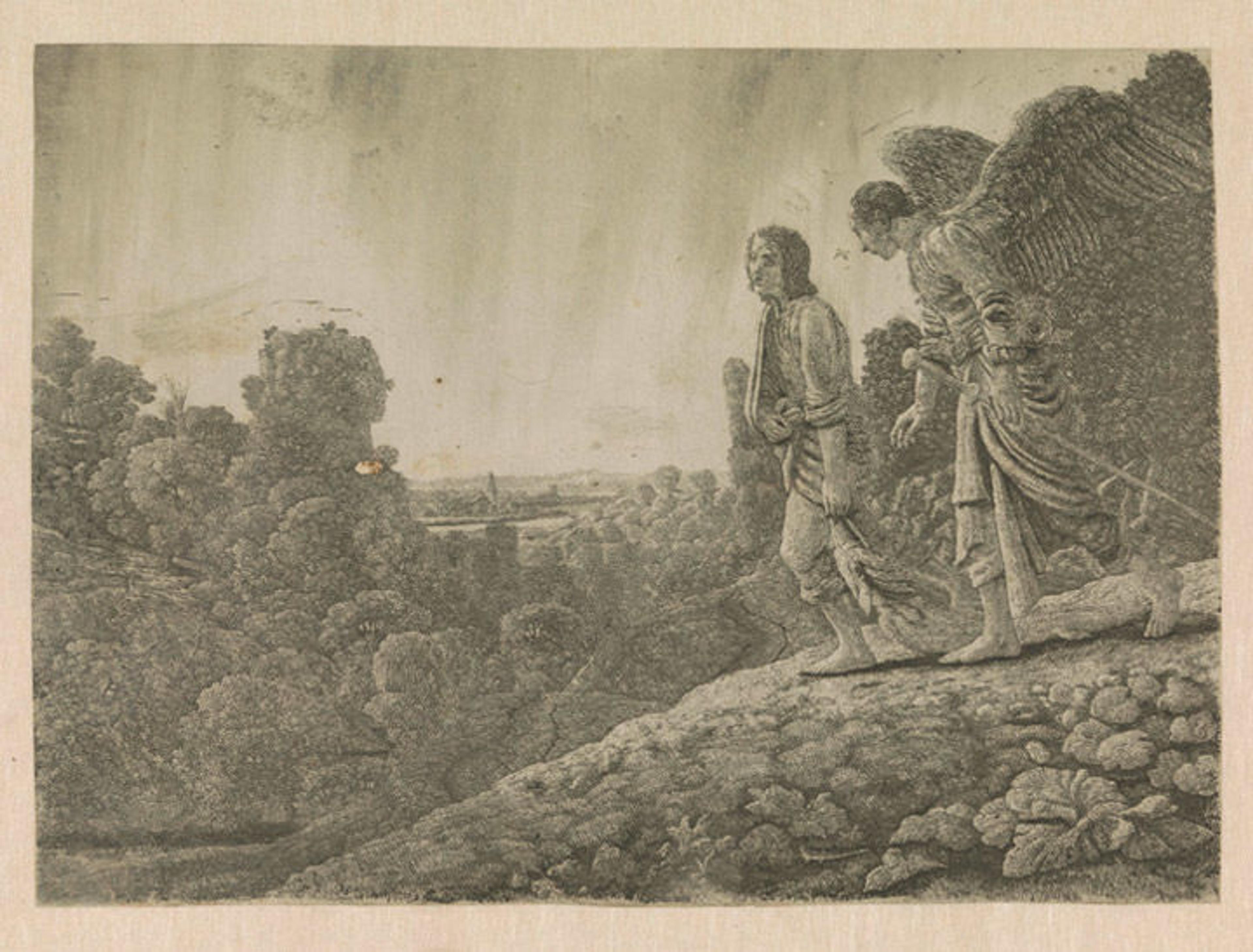 Early 17th-century etching showing the biblical figure Tobias with an angel walking through a country landscape