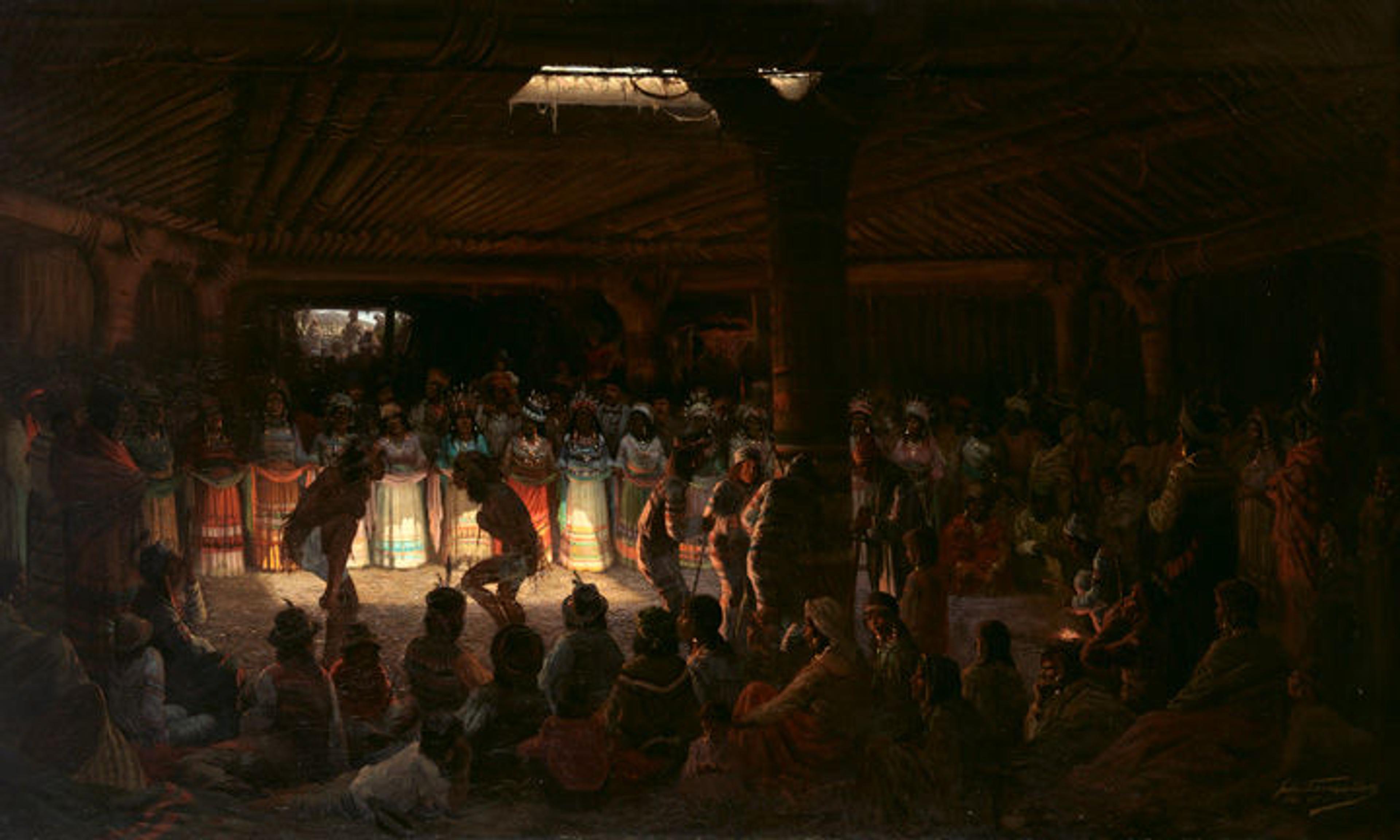 Jules Tavernier paintings of nearly 100 figures watching members of the Pomo Indian tribe act out a coming-of-age ritual