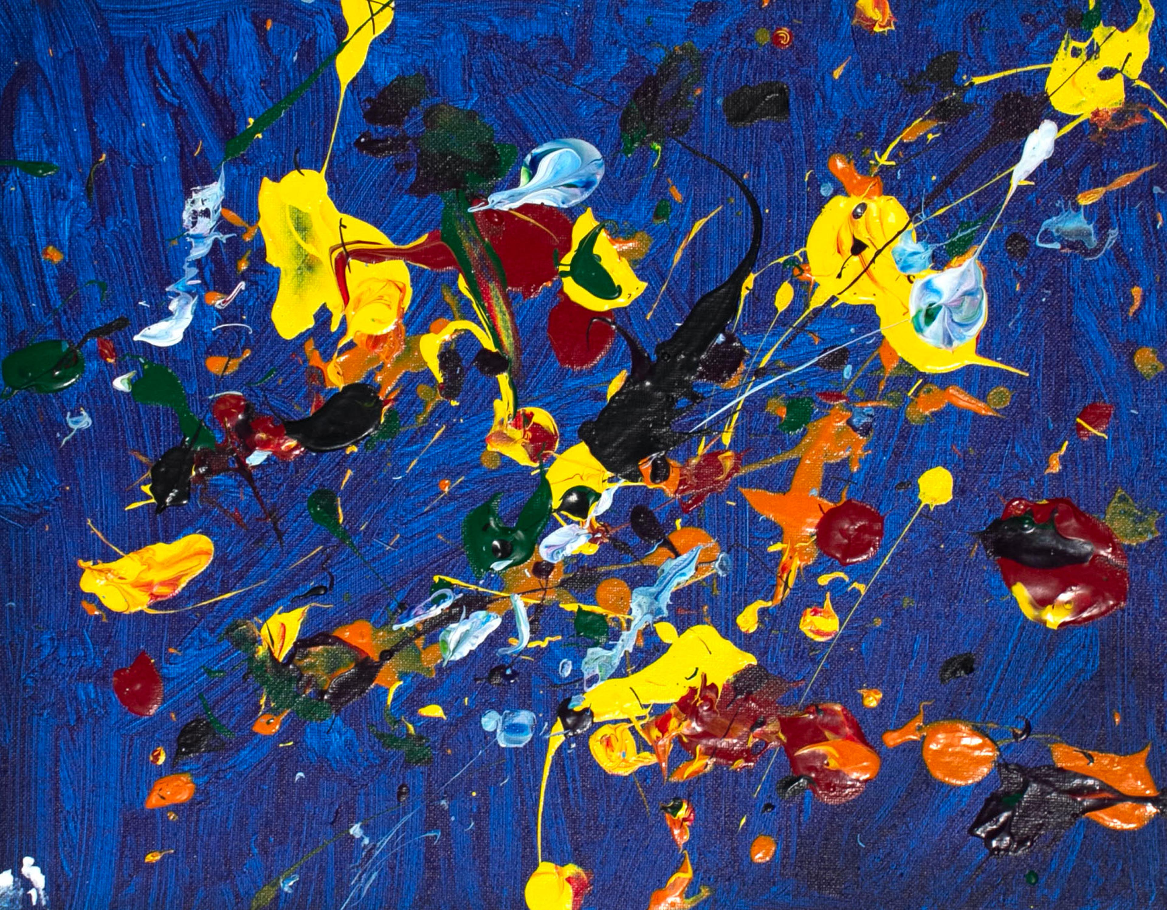 Abstract acrylic-on-canvas painting of bold yellow, red, and black gobs of paint scattered randomly across a blue background.