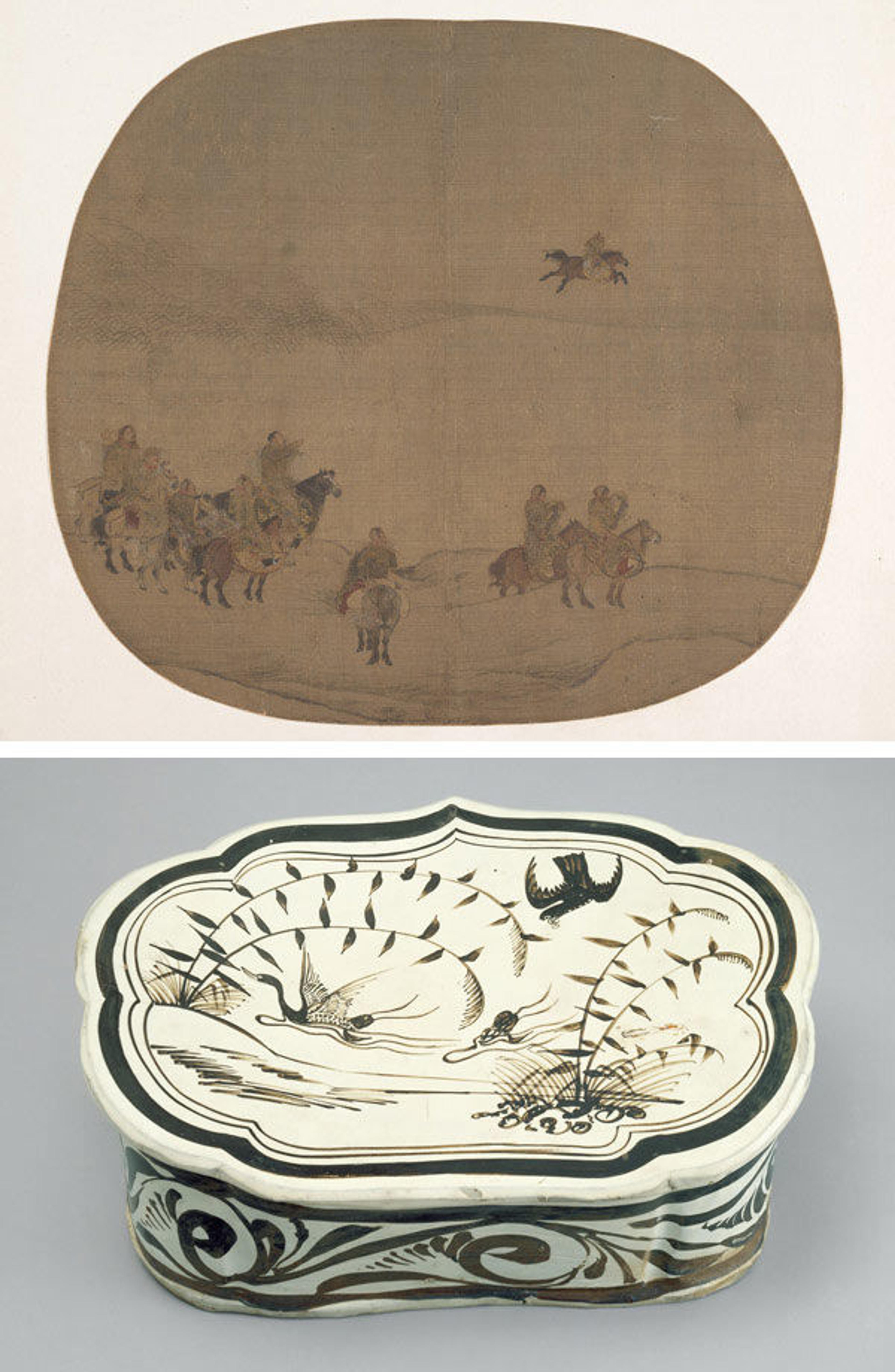 Nomads hunting with falcons; Pillow with hawk hunting a swan