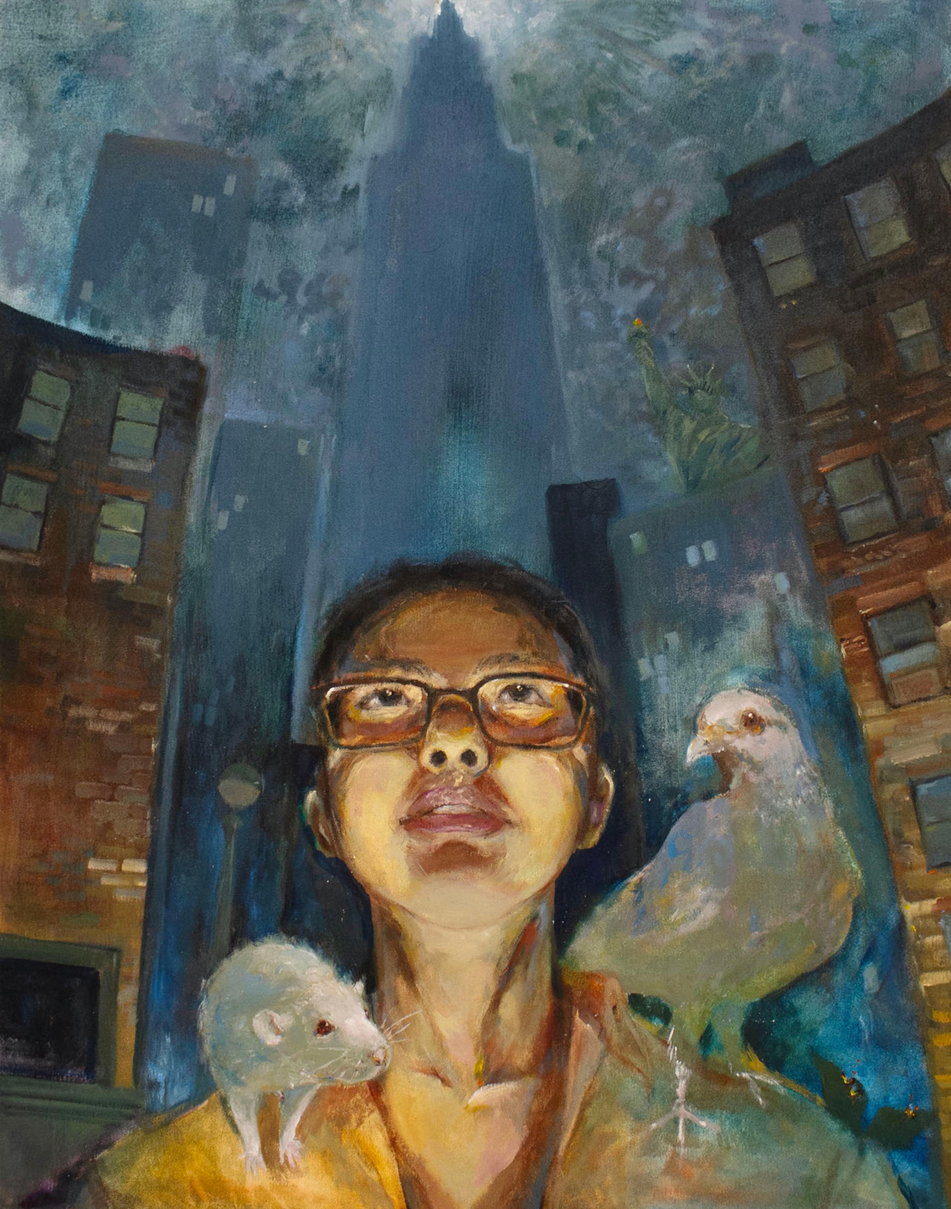 Oil on canvas painting of an adolescent Asian youth wearing glasses and a yellow open- neck shirt, gazing upward at night while standing in an urban environment flanked by tall, brown, brick buildings to the left and right. In the distant horizon at the center of the image, the pale blue silhouette of an extremely tall building rises to the top of the painting. The shape of the tall, distant building suggests the Empire State Building. The person standing at the bottom center of the painting has a white rat on the right shoulder and a white pigeon on the left shoulder. The youth's face is illuminated dramatically from below, as if by a flashlight.