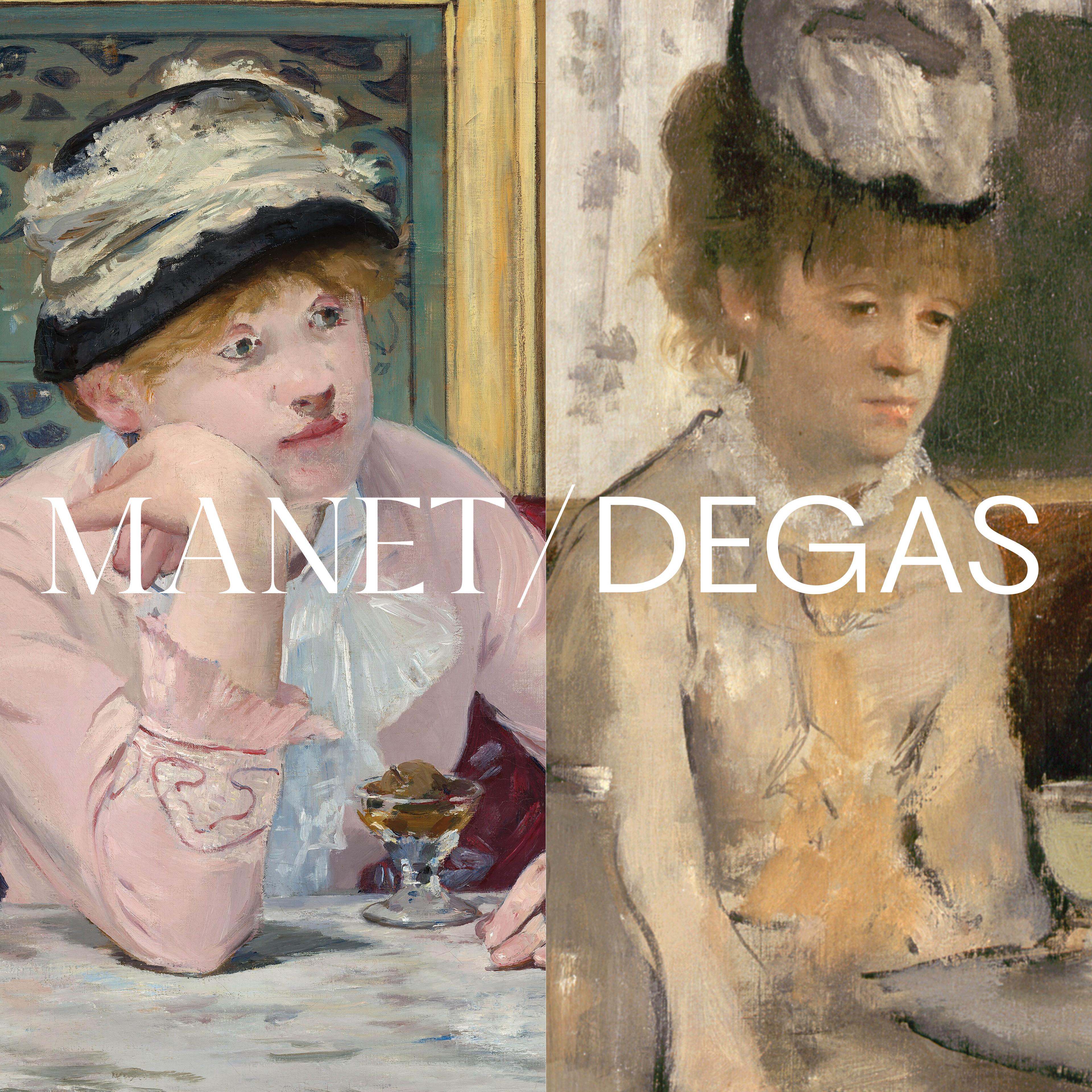 Photo collage of two paintings, with the words Manet/Degas overlaid on top; Left of boy wearing pink shirt and hat sitting on a red couch with a dessert; Right: Two people wearing tan and black sitting at a table against a tan wall.