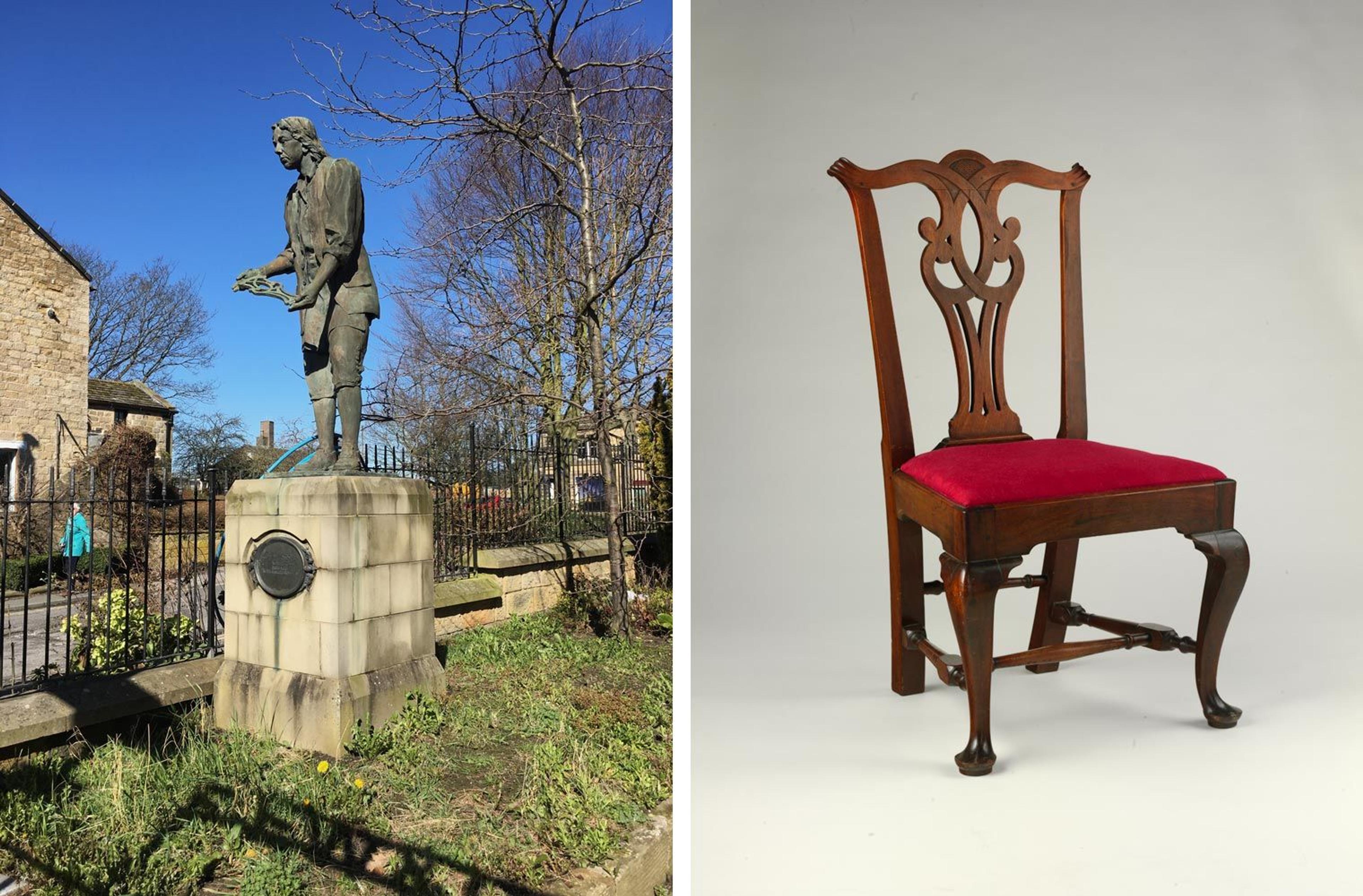 At left, a view of the Thomas Chippendale statue in Ortley, England. At right, an upholstered side chair by John Townsend