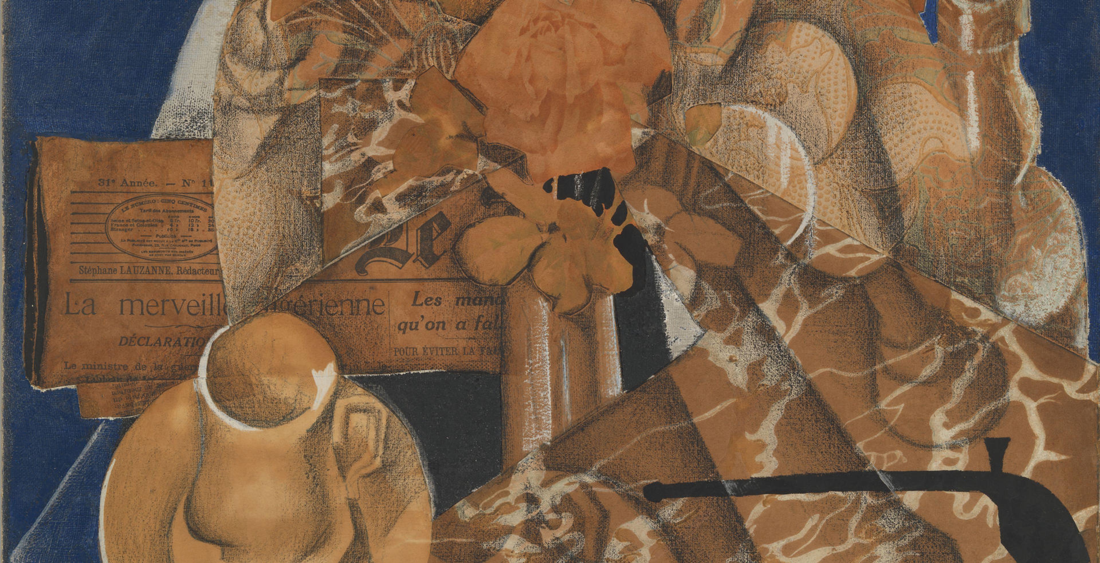 Collage in blue and orange tones depicting flowers, mugs and a few other abstract shapes