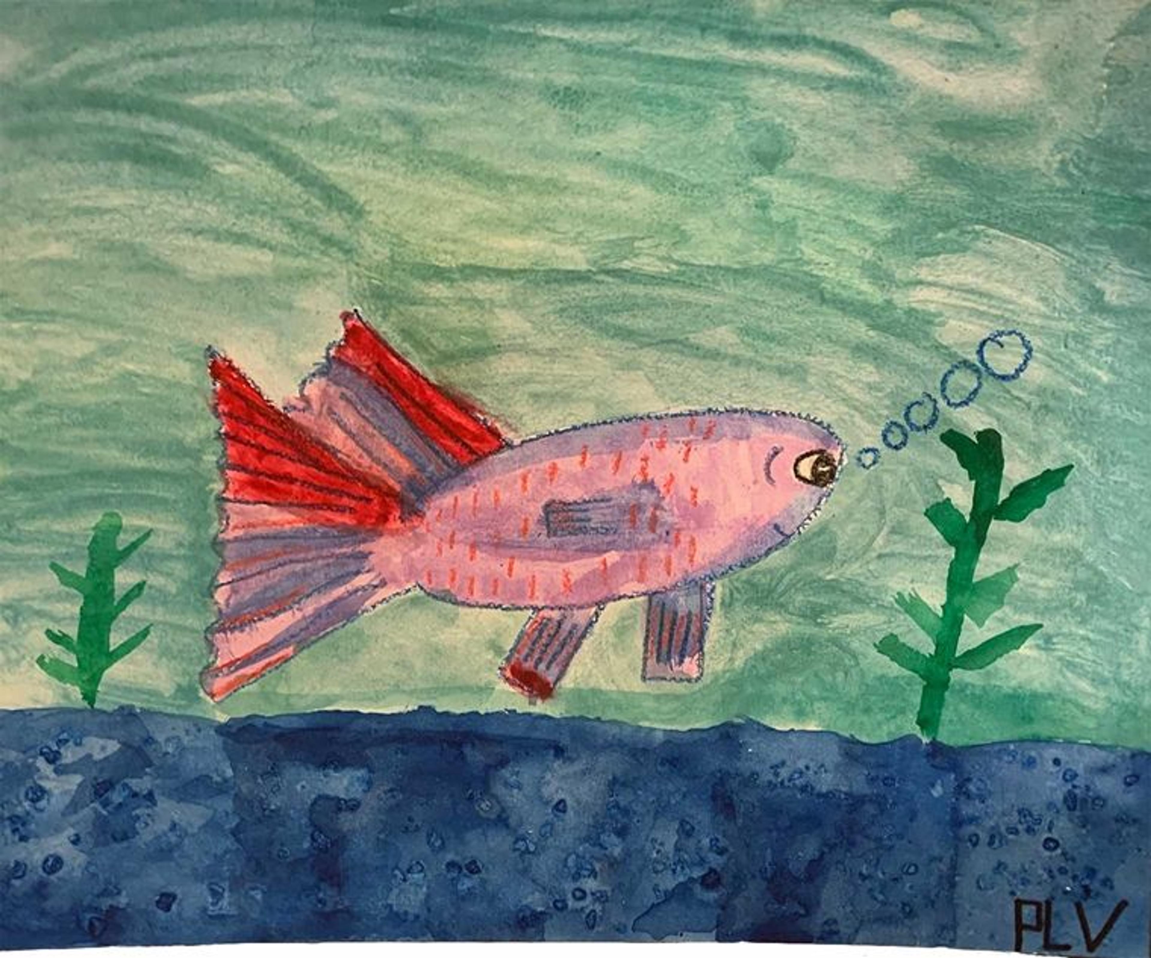 A colorful children's painting of a purple fish swimming in blue water.