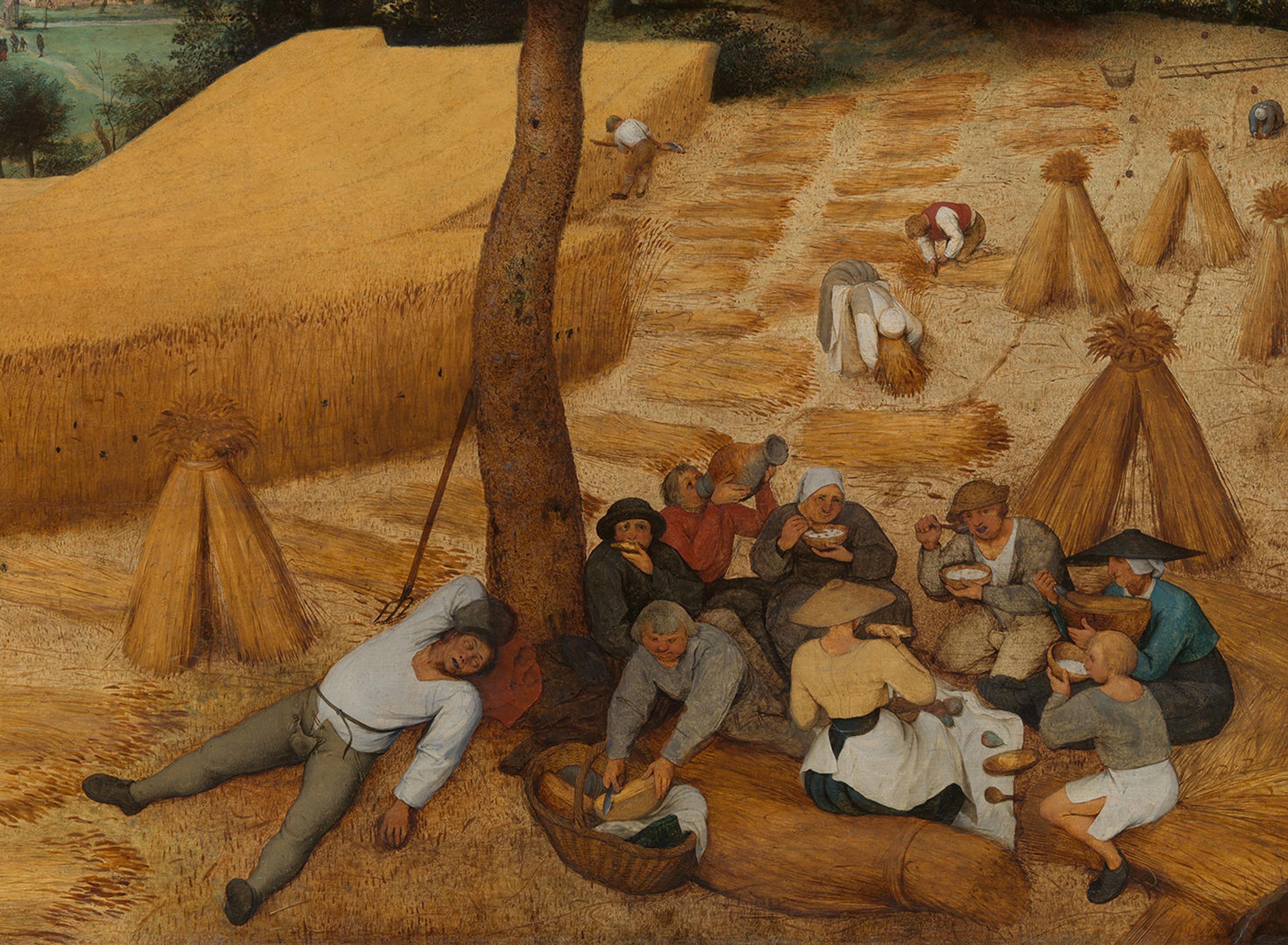 A group rests and eats under the shade of a tree.