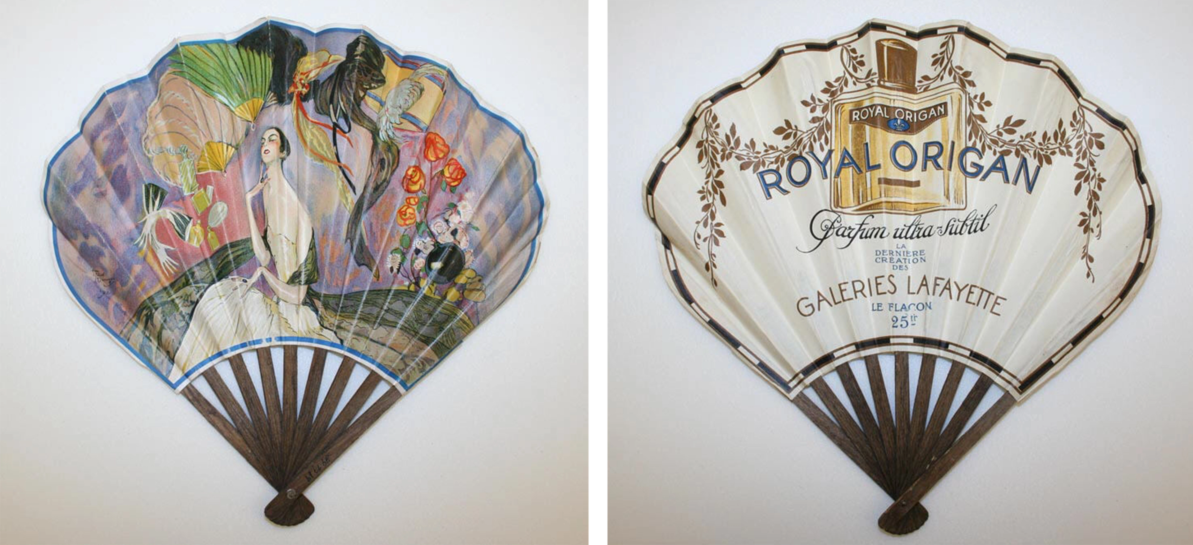 Fan decorated with an elegantly posed flapper, and a perfume bottle and brand name on the verso.