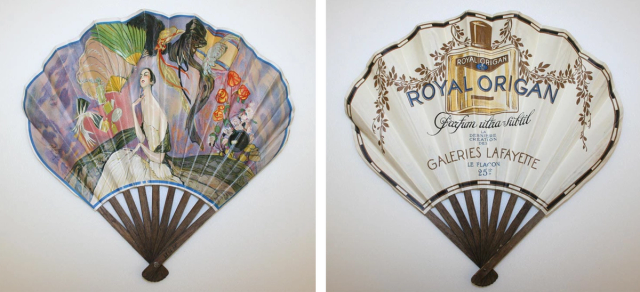 Fan decorated with an elegantly posed flapper, and a perfume bottle and brand name on the verso.
