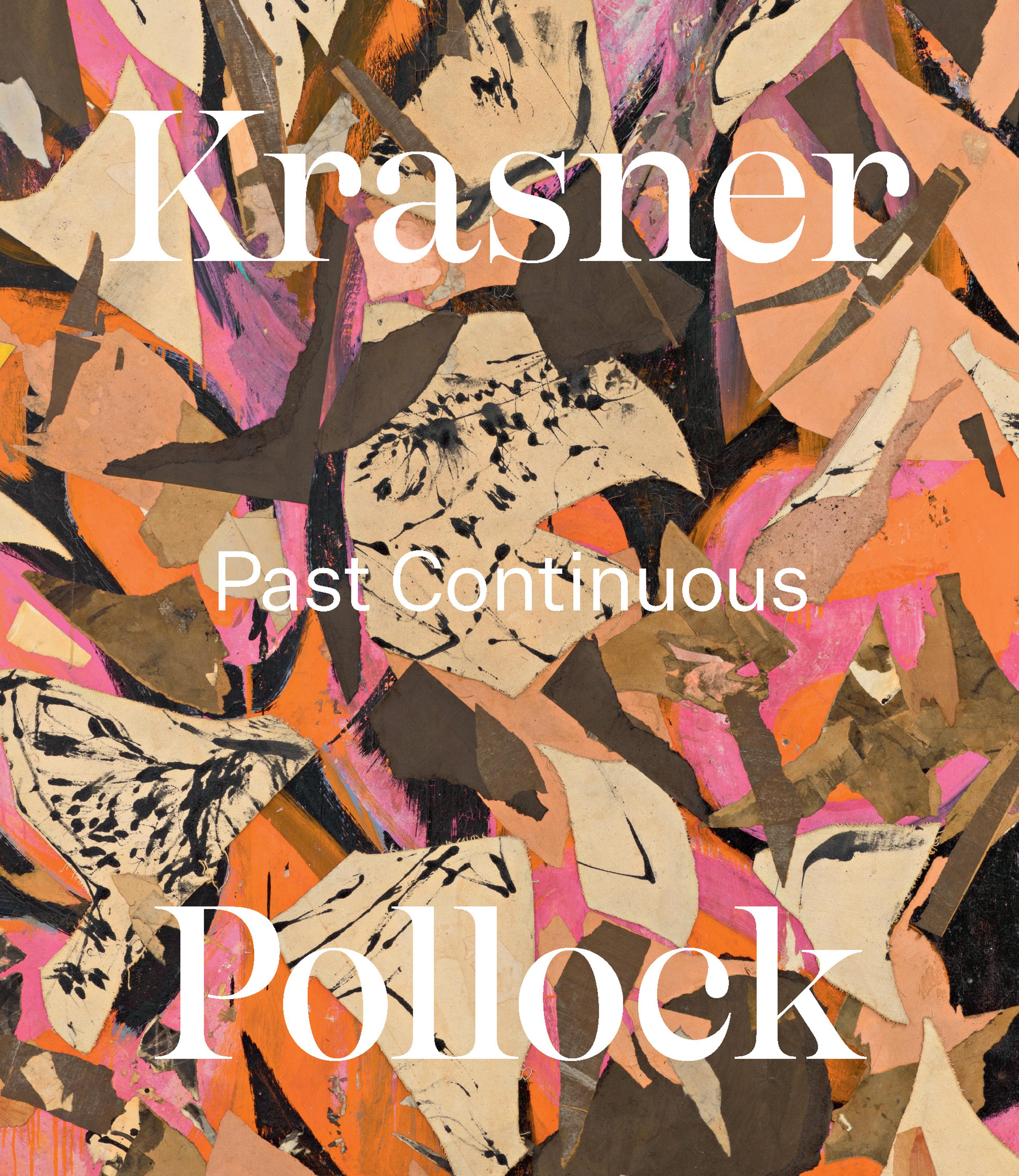  Abstract, collage-style composition of densely-layered torn and overlapping paper shapes and expressive brushstrokes in shades of pink, orange, beige, cream, brown, and black.