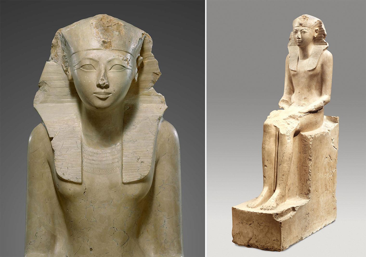 Two images side by side of a marble statue of an ancient Egyptian pharaoh. On the left is a frontal closeup of the face and torso; on the right is a full-frame side-view image of the seated figure.