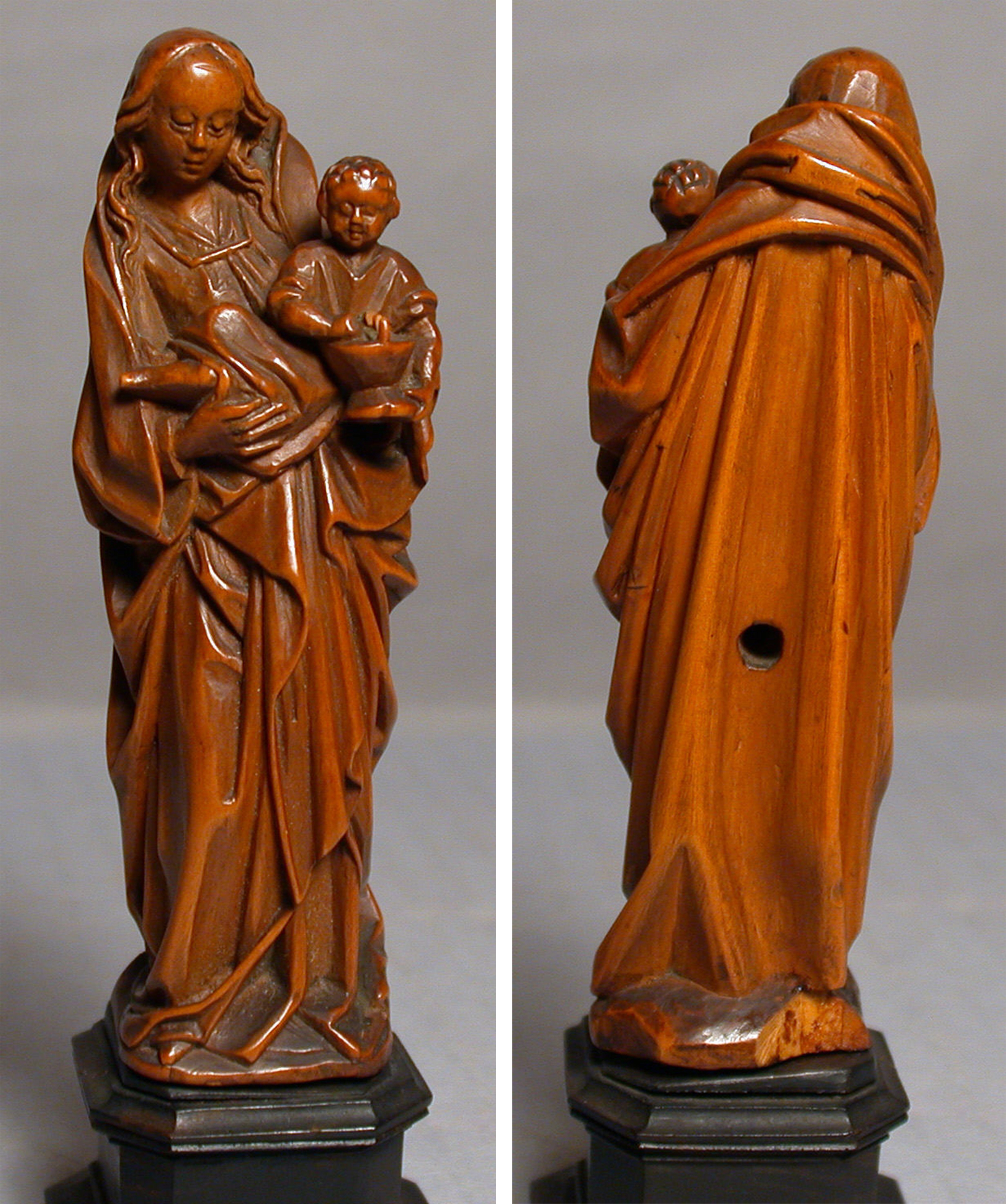 Diptych showing a wooden sculpture of the Virgin Mary holding baby Jesus at left, and the backside of the sculpture with a small drilled hole in Mary's cloak, at right.